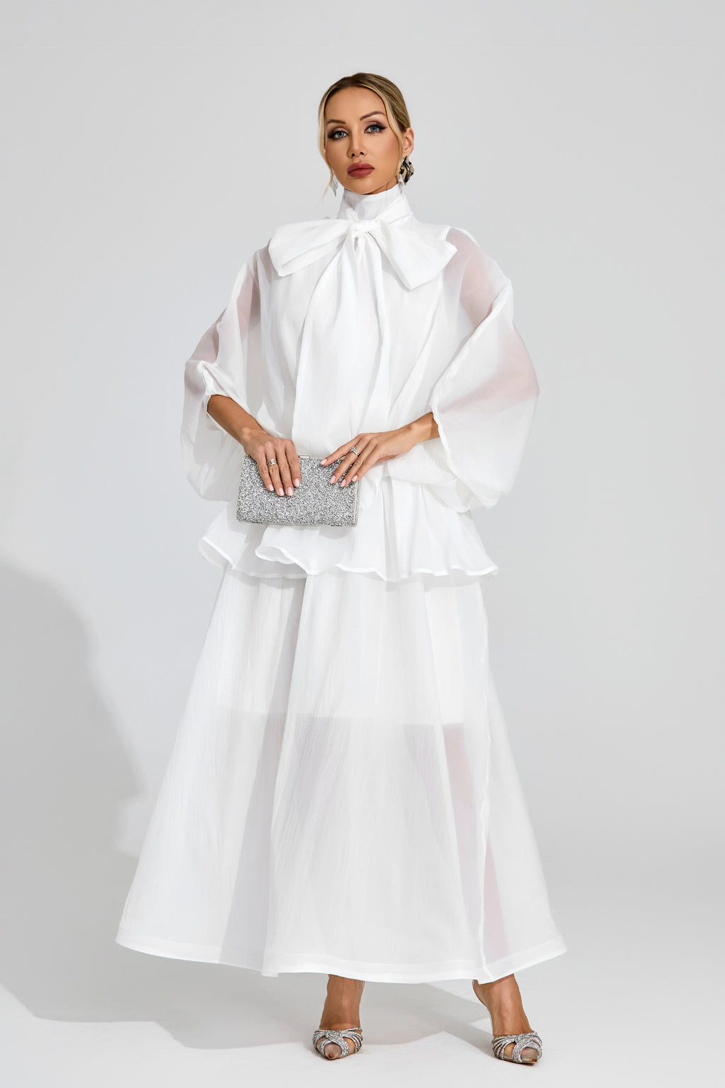 Ethereal White Sheer Bow Dress, High Neck, Elegant Balloon Sleeves