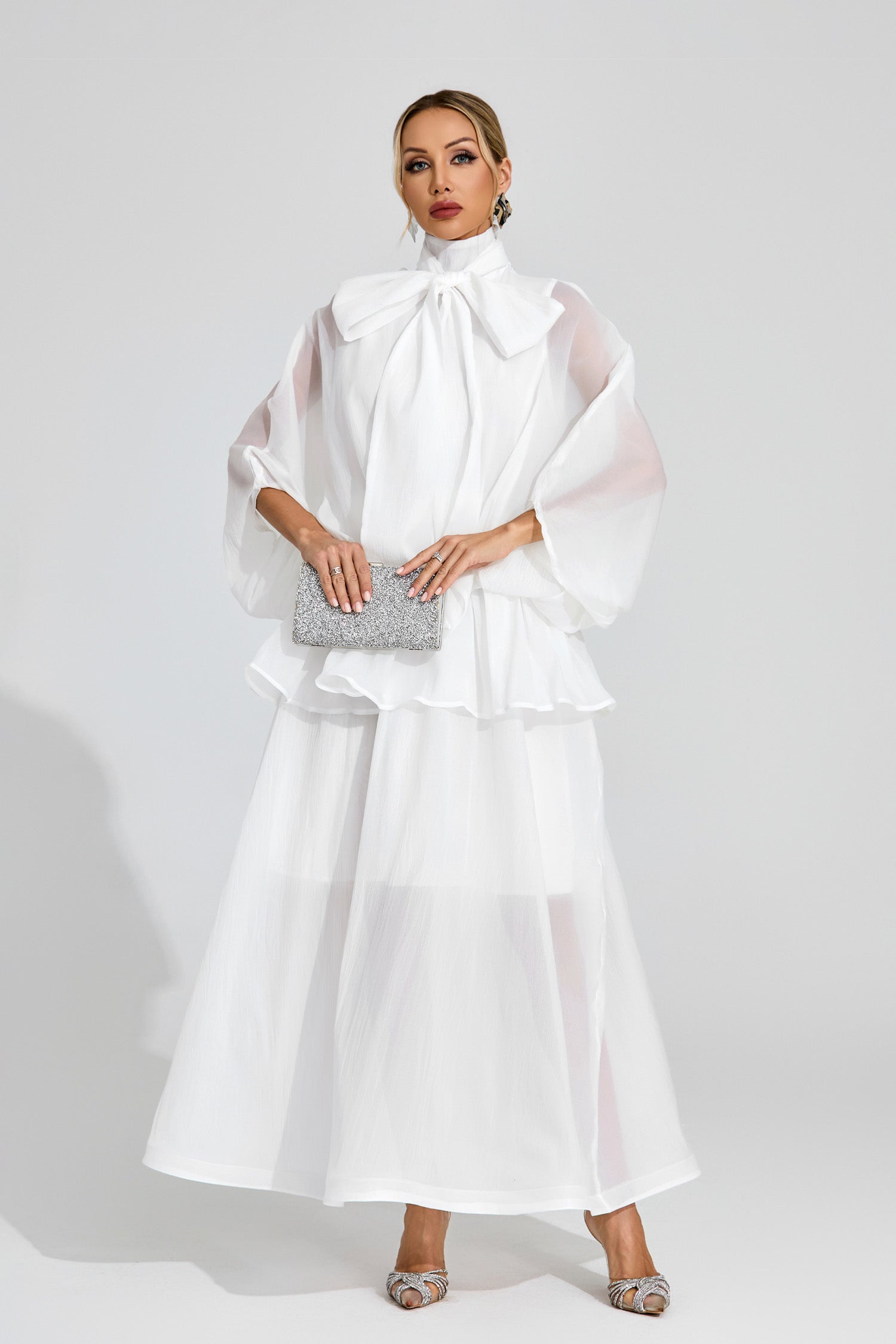 Ethereal White Sheer Bow Dress, High Neck, Elegant Balloon Sleeves