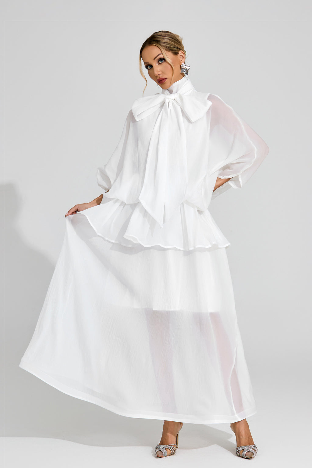 Ethereal White Sheer Bow Dress, High Neck, Elegant Balloon Sleeves