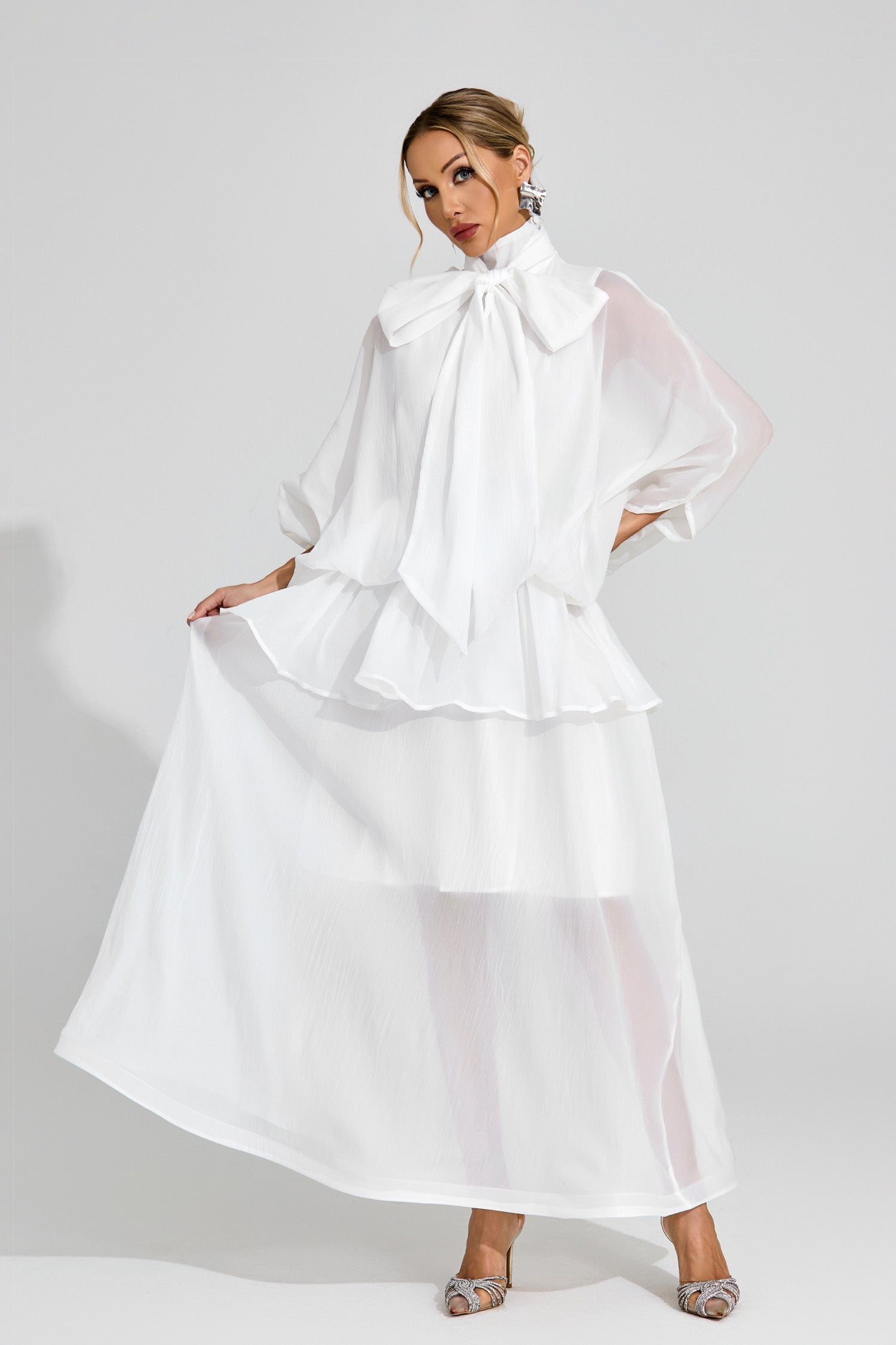 Ethereal White Sheer Bow Dress, High Neck, Elegant Balloon Sleeves