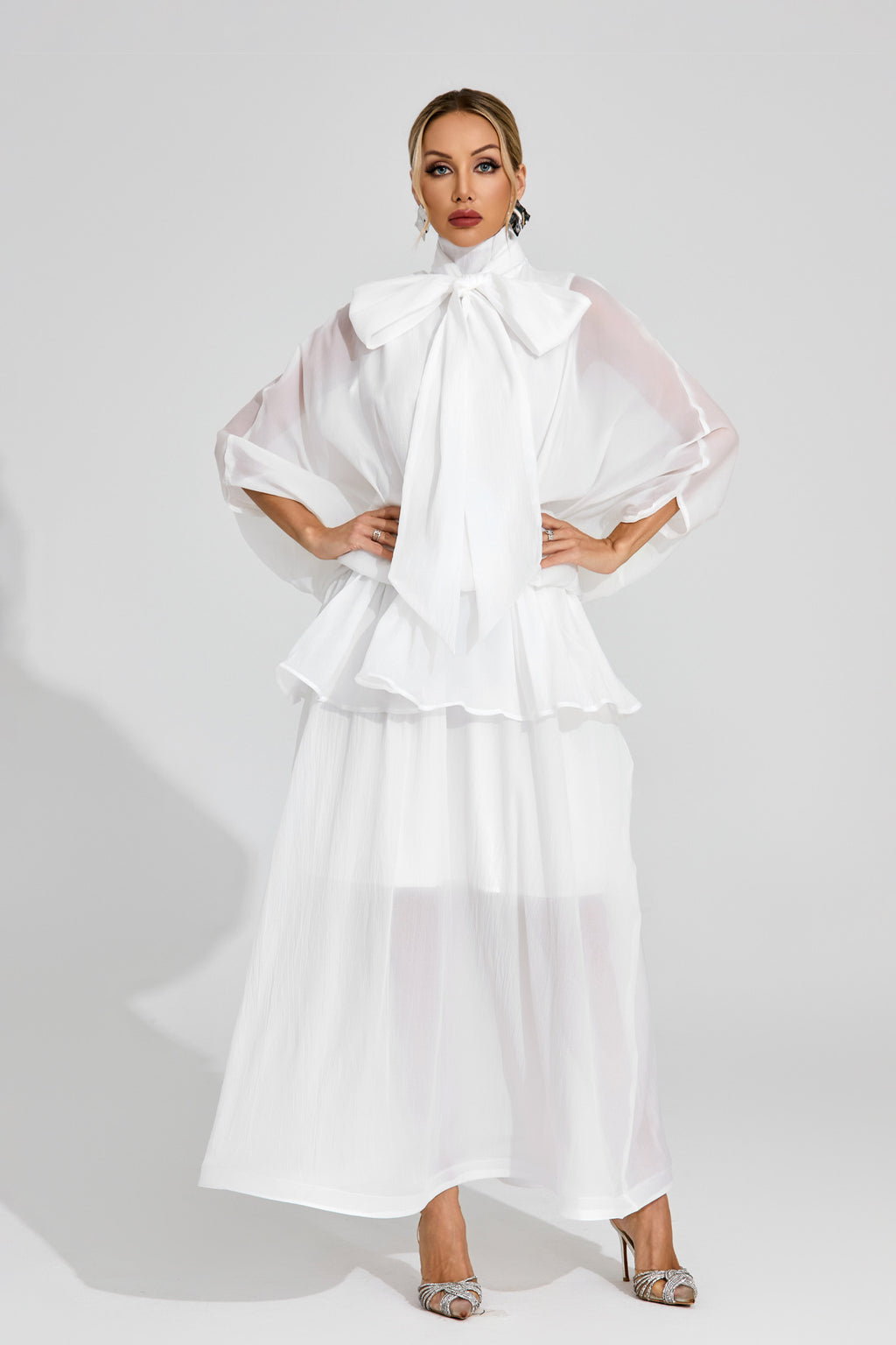 Ethereal White Sheer Bow Dress, High Neck, Elegant Balloon Sleeves
