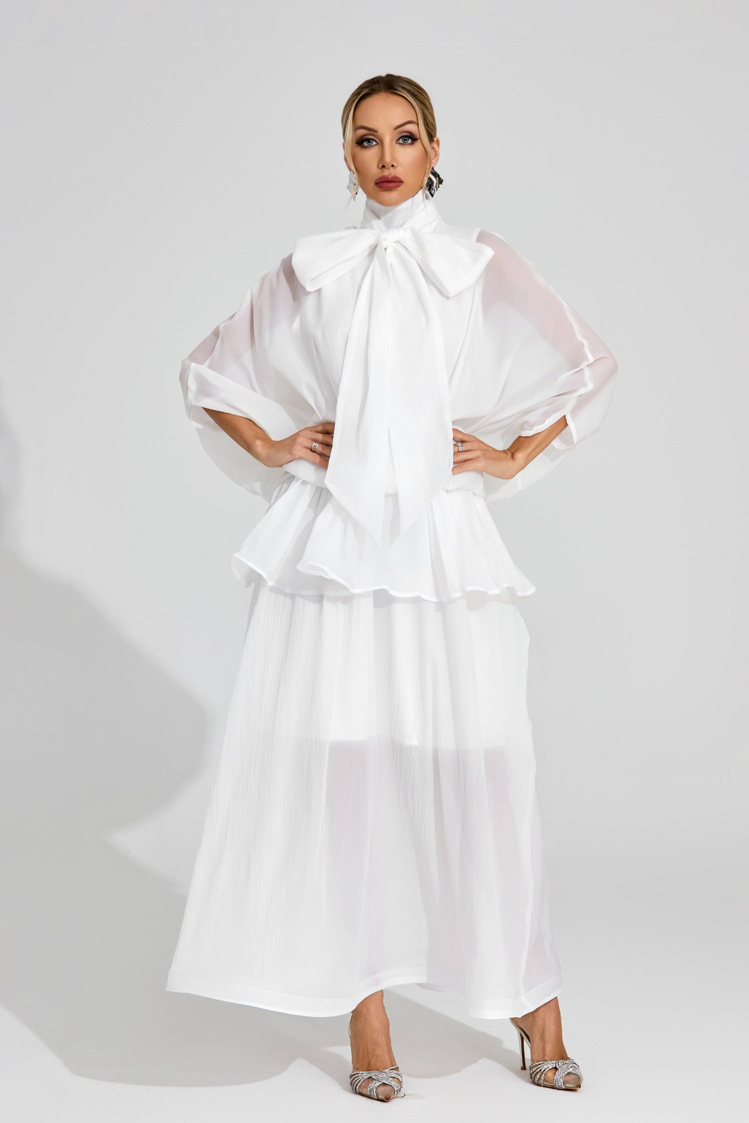 Ethereal White Sheer Bow Dress, High Neck, Elegant Balloon Sleeves