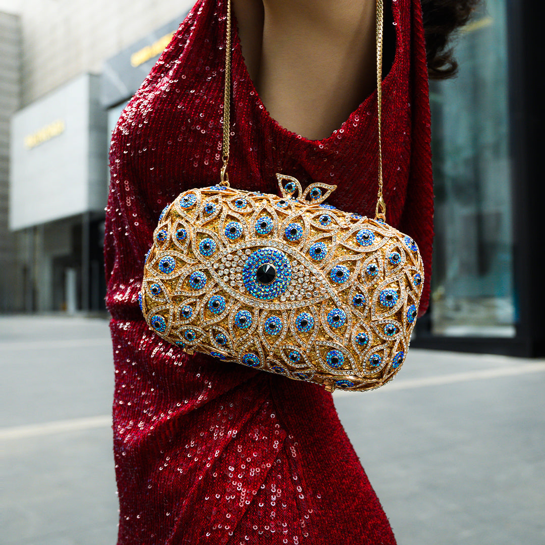 Gold Crystal Evil Eye Clutch Bag with Sparkling Rhinestones