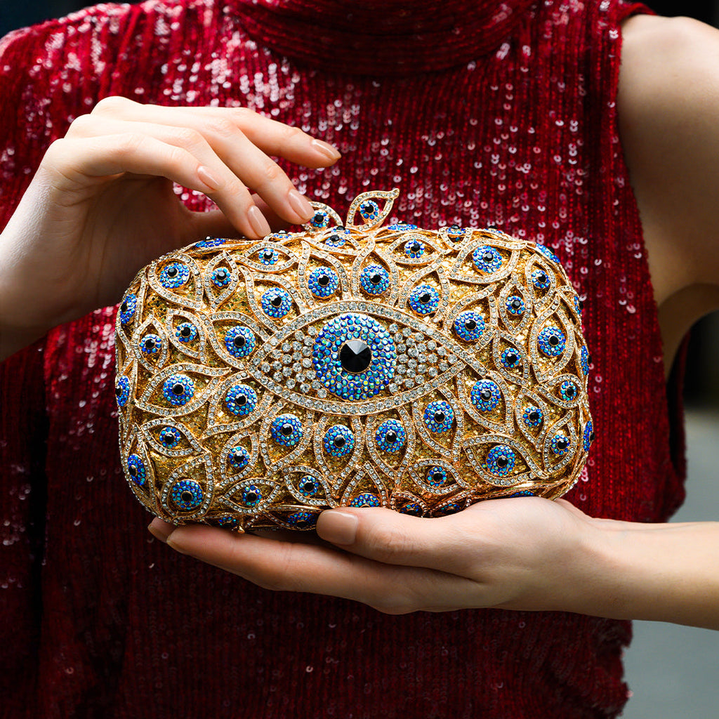 Gold Crystal Evil Eye Clutch Bag with Sparkling Rhinestones