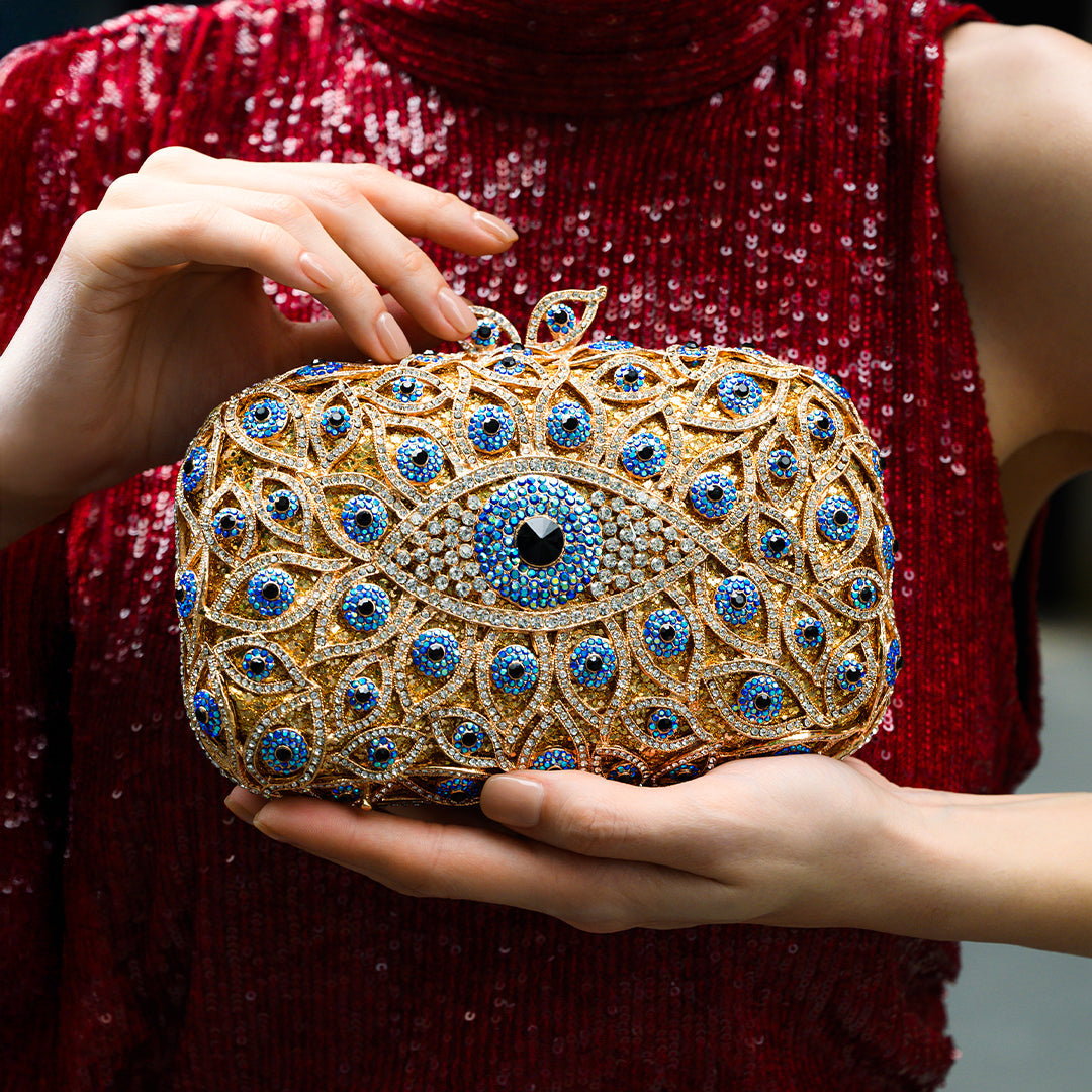 Gold Crystal Evil Eye Clutch Bag with Sparkling Rhinestones