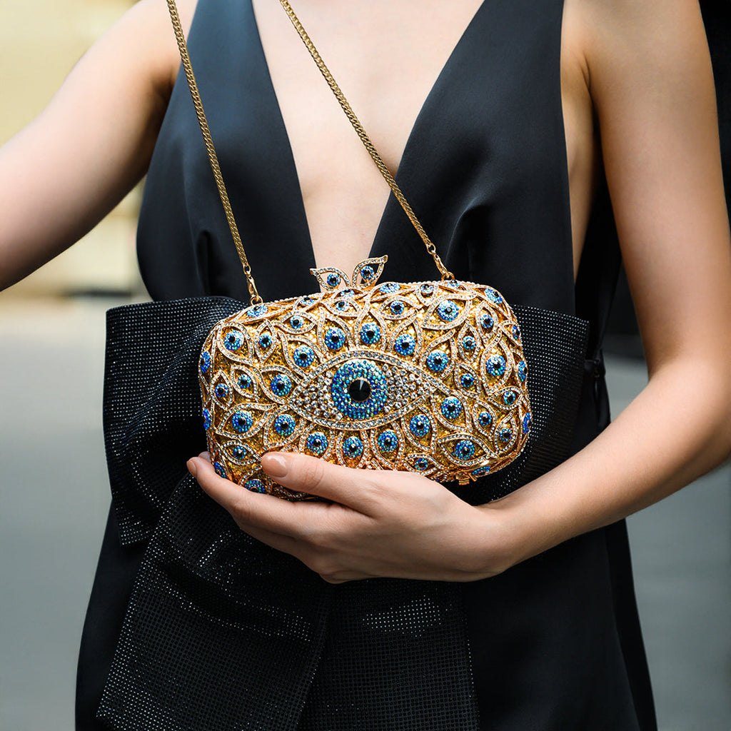 Gold Crystal Evil Eye Clutch Bag with Sparkling Rhinestones