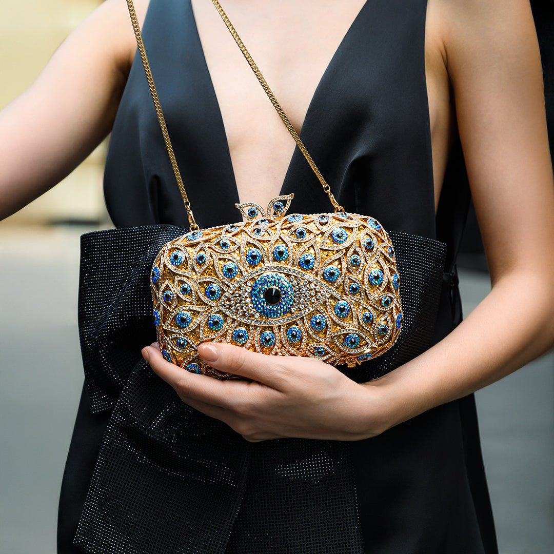 Gold Crystal Evil Eye Clutch Bag with Sparkling Rhinestones