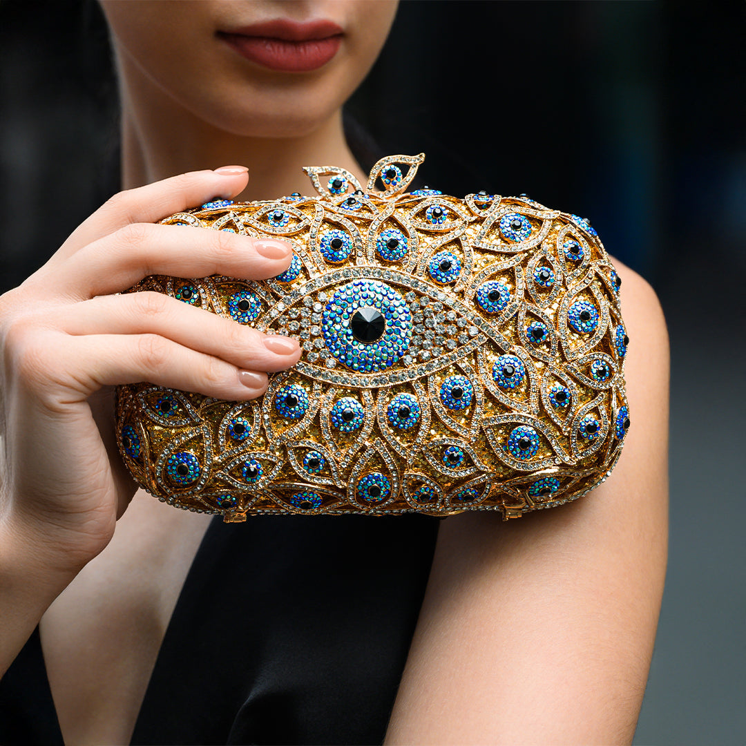 Gold Crystal Evil Eye Clutch Bag with Sparkling Rhinestones