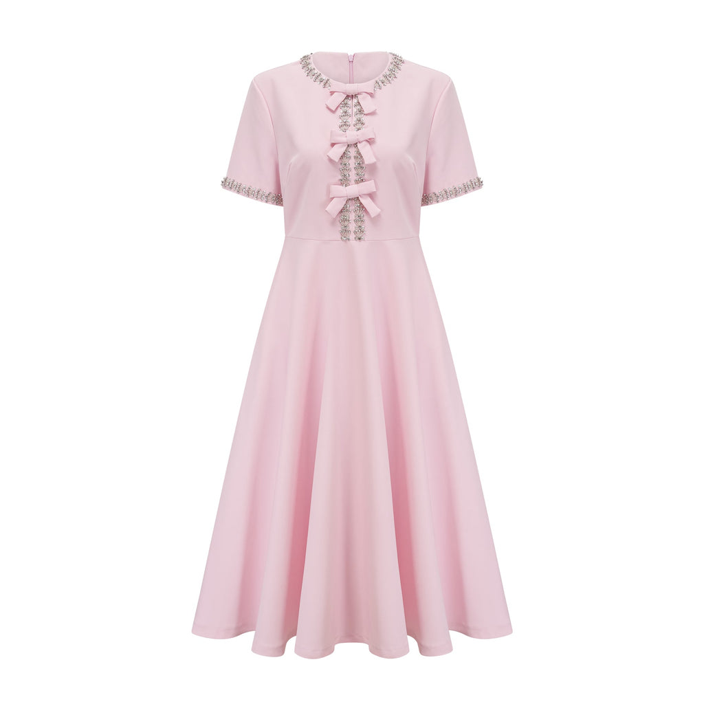 Elegant Pink Crystal-Accented Bow Midi Dress: Chic Terylene Flared Style
