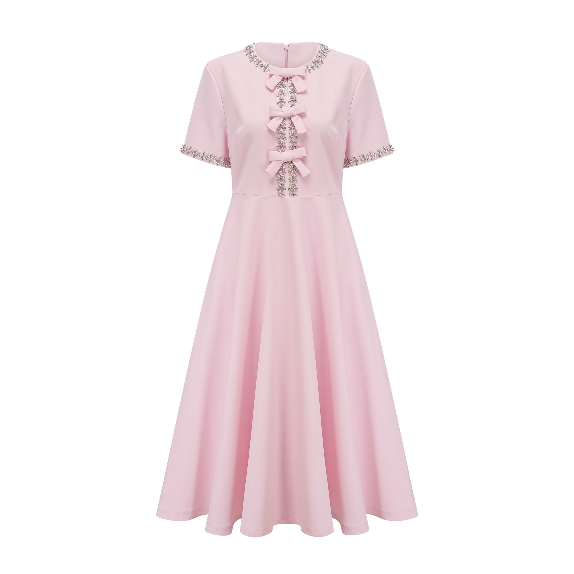 Elegant Pink Crystal-Accented Bow Midi Dress: Chic Terylene Flared Style