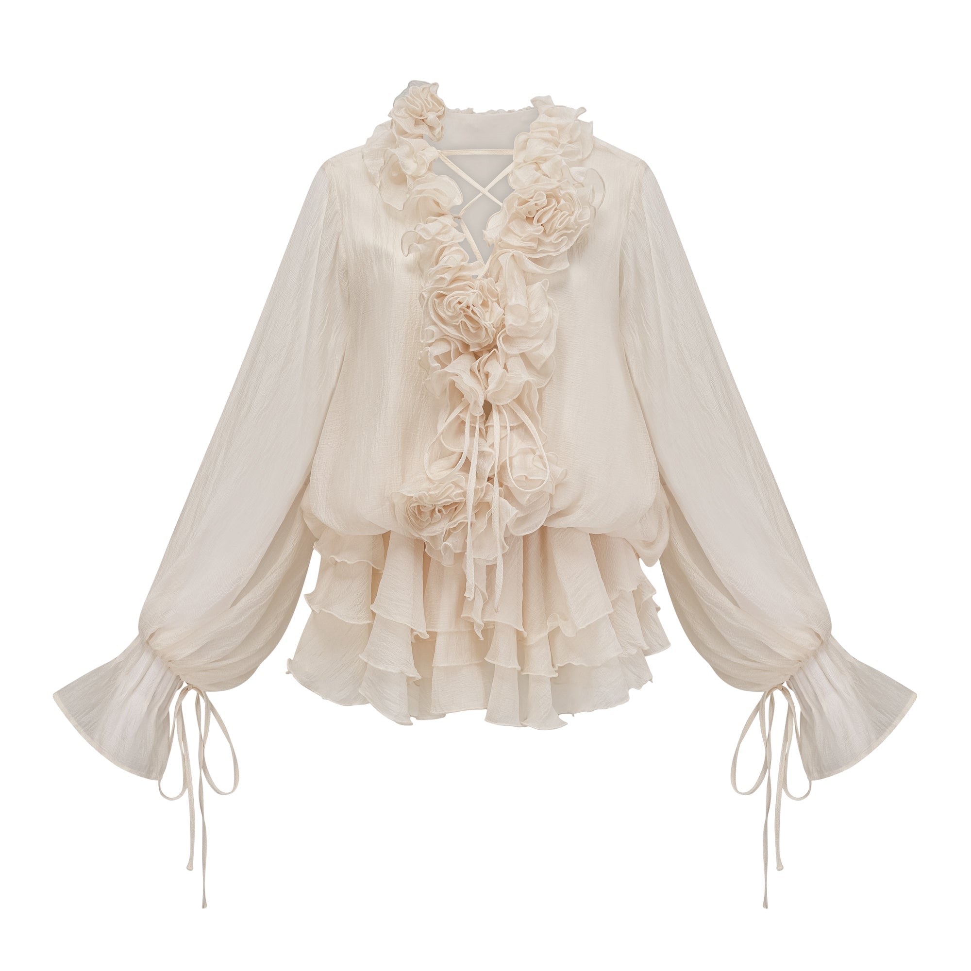 Elegant Zephyrine Floral Applique Tiered Mini Dress in Neutral Tones