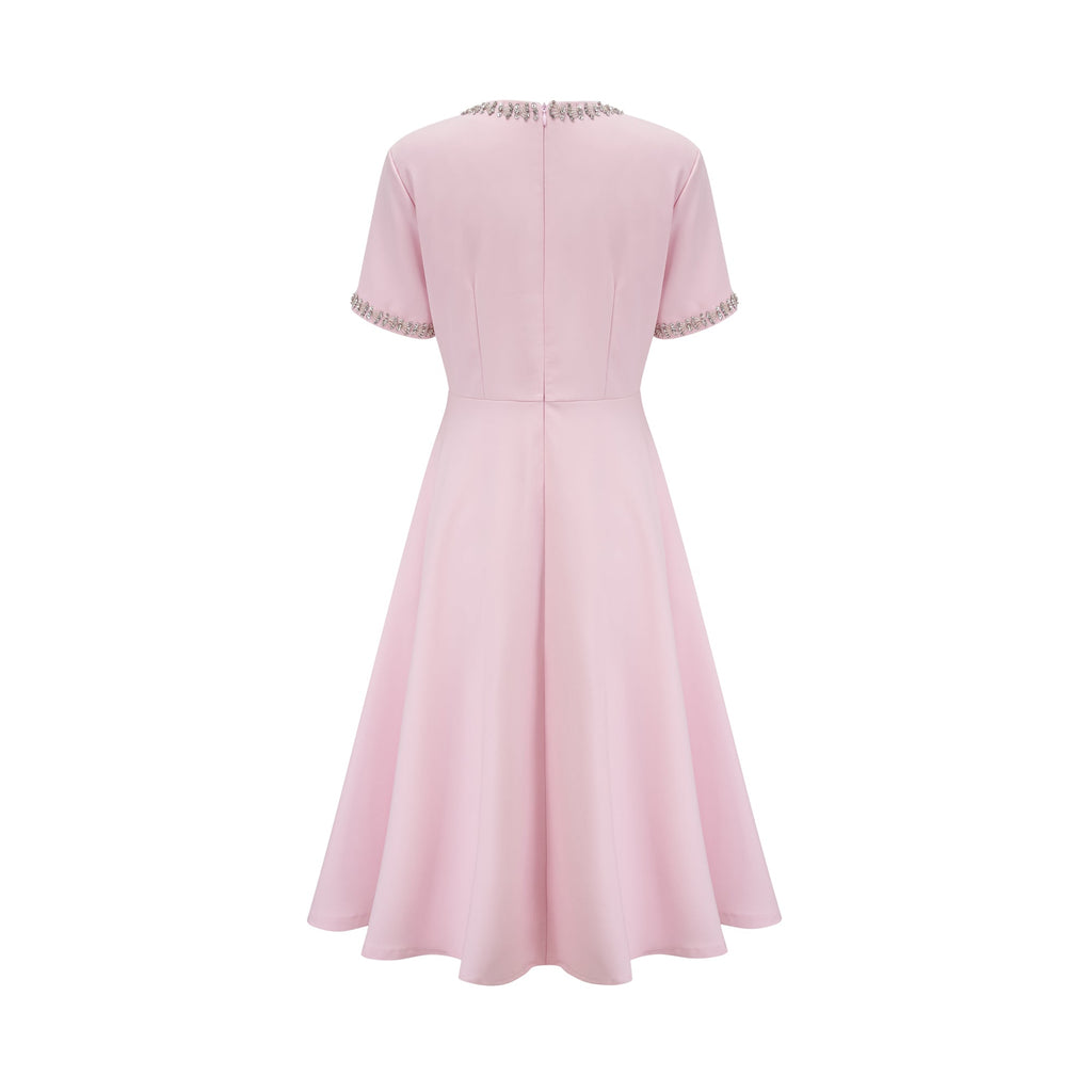 Elegant Pink Crystal-Accented Bow Midi Dress: Chic Terylene Flared Style