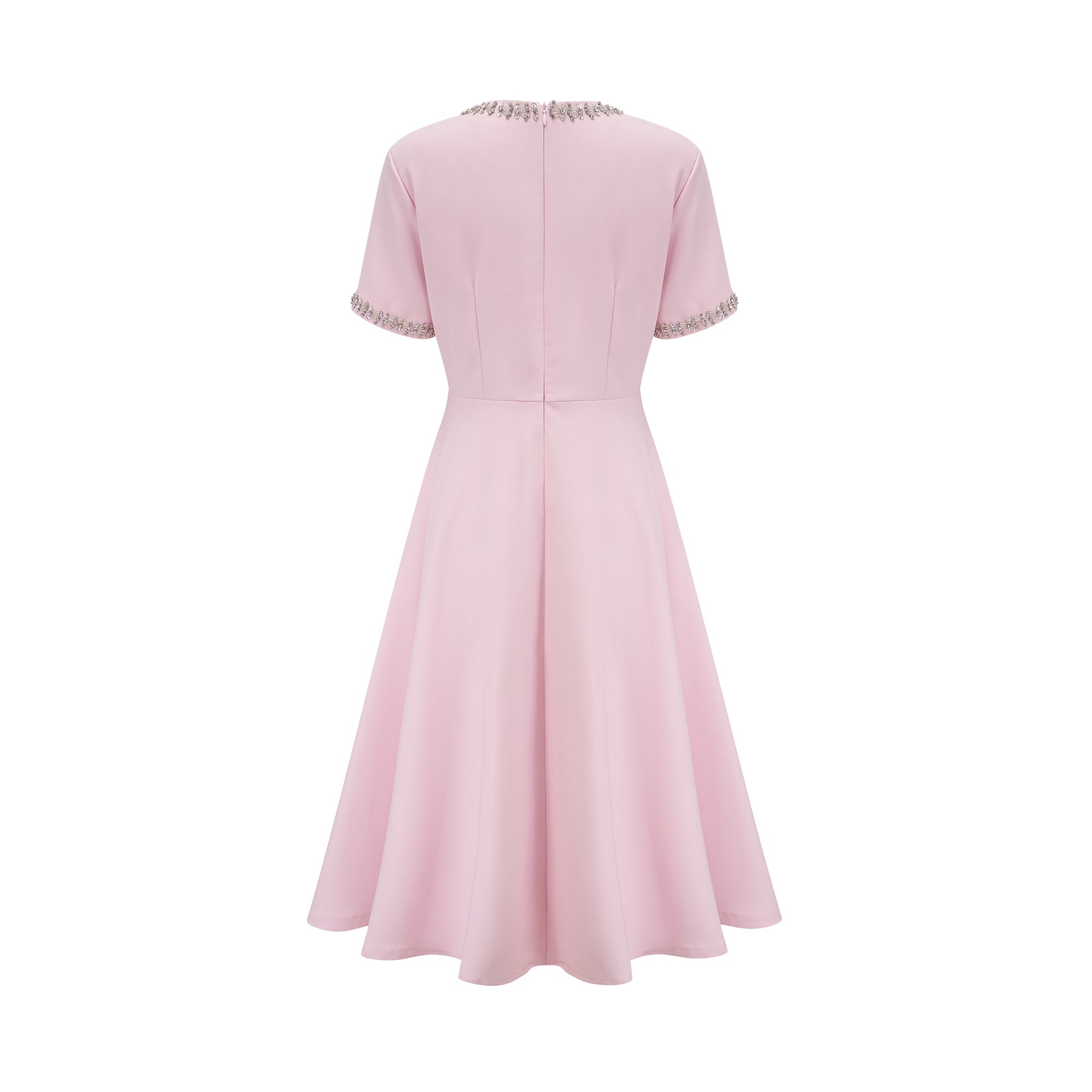 Elegant Pink Crystal-Accented Bow Midi Dress: Chic Terylene Flared Style