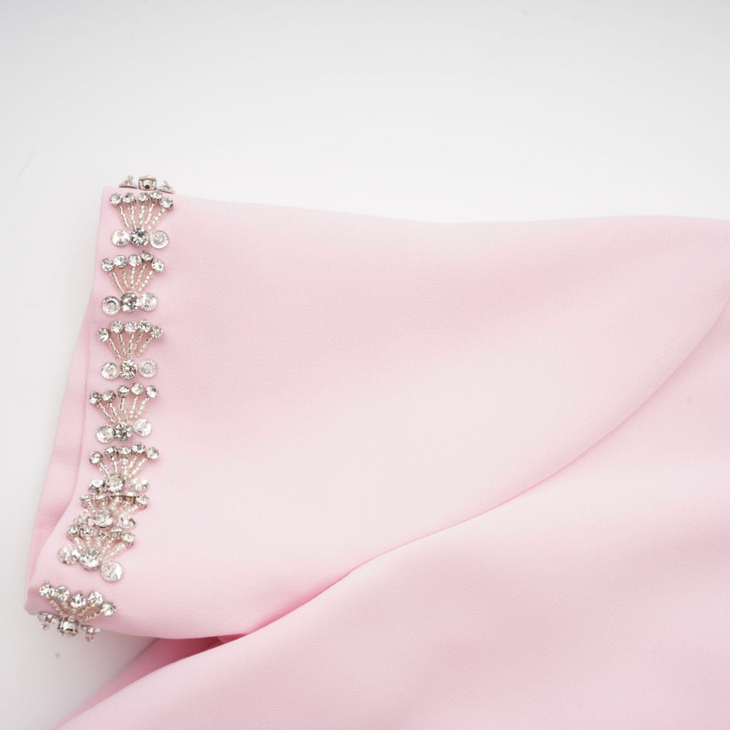 Elegant Pink Crystal-Accented Bow Midi Dress: Chic Terylene Flared Style