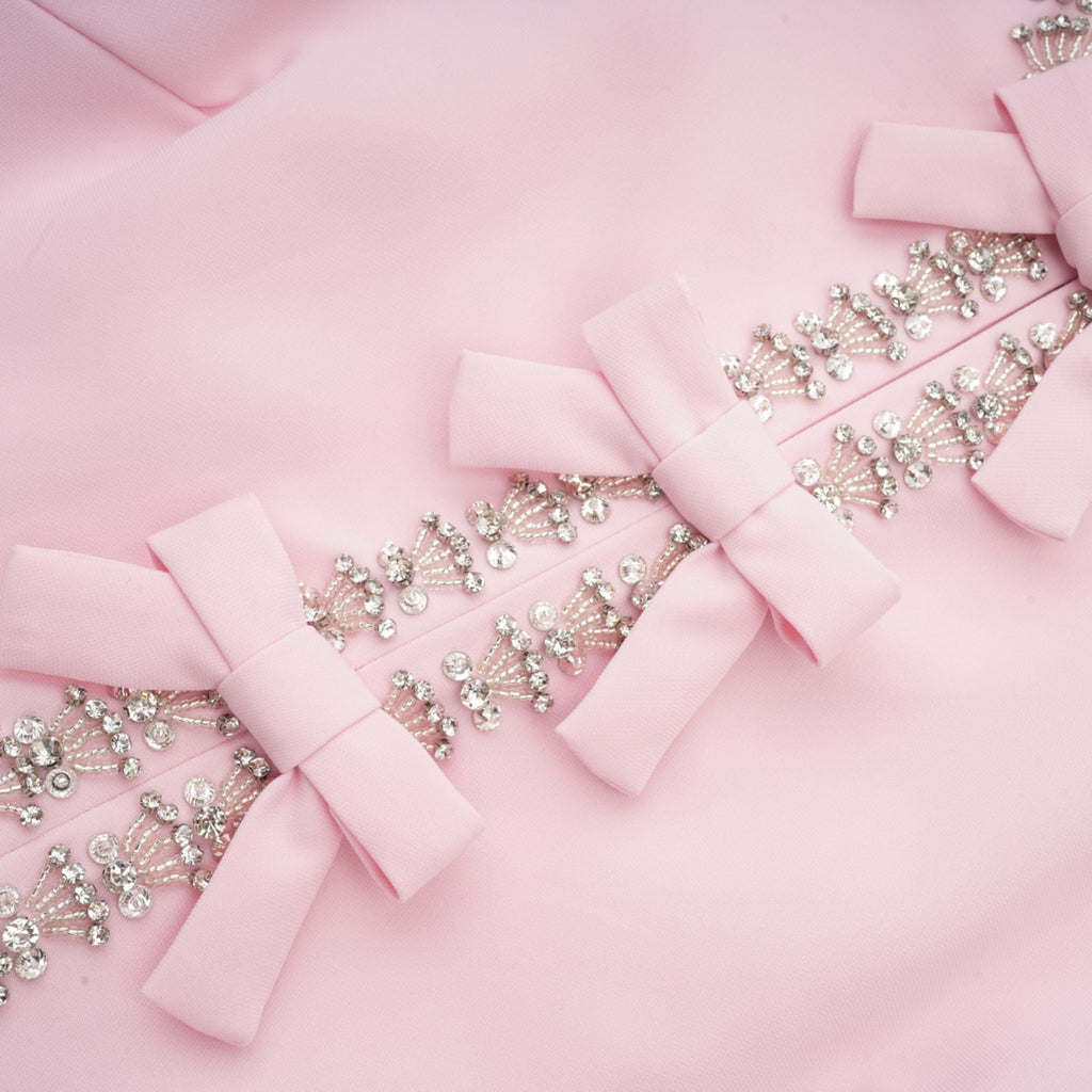 Elegant Pink Crystal-Accented Bow Midi Dress: Chic Terylene Flared Style