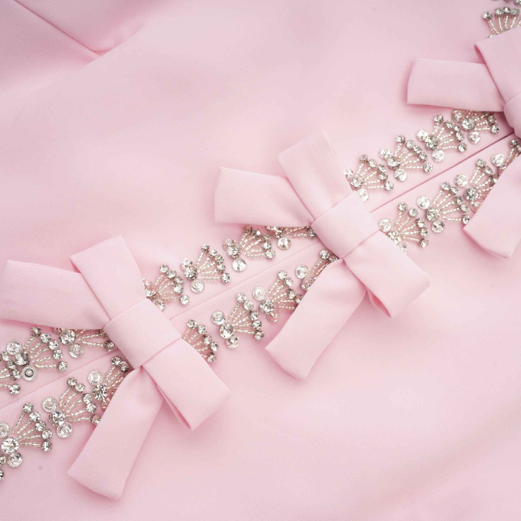 Elegant Pink Crystal-Accented Bow Midi Dress: Chic Terylene Flared Style