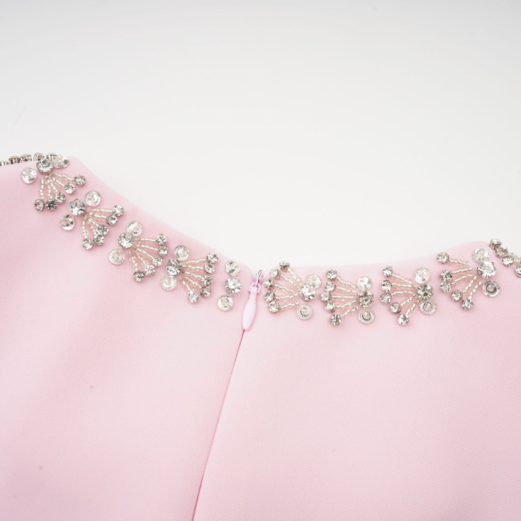 Elegant Pink Crystal-Accented Bow Midi Dress: Chic Terylene Flared Style