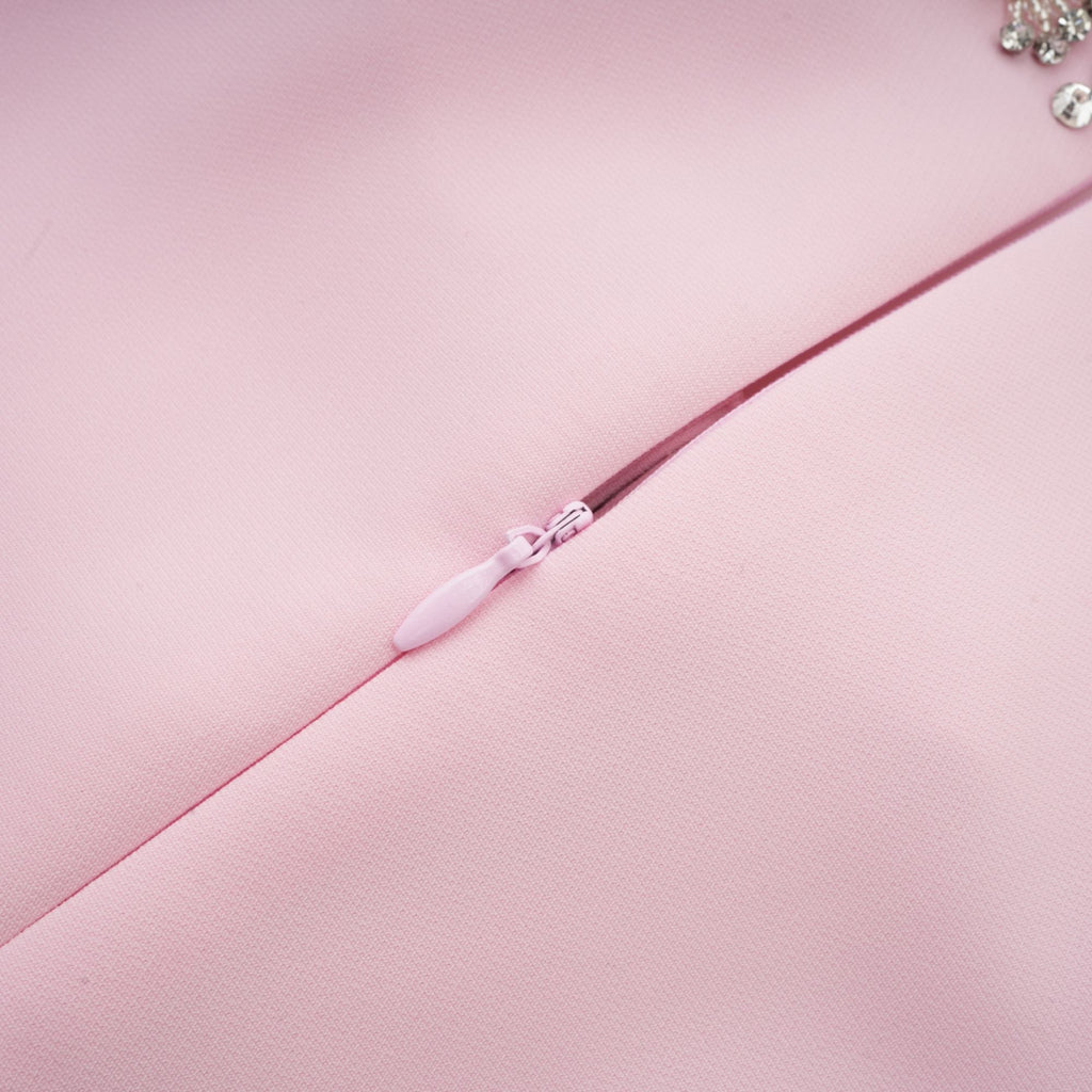 Elegant Pink Crystal-Accented Bow Midi Dress: Chic Terylene Flared Style