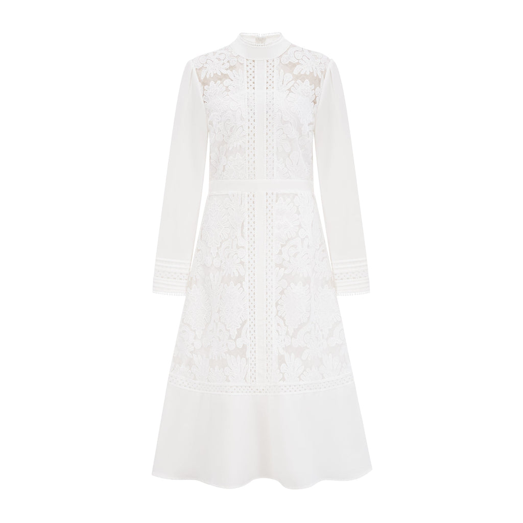 Elegant White Panelled Embroidery Midi Dress - Perfect for Every Occasion