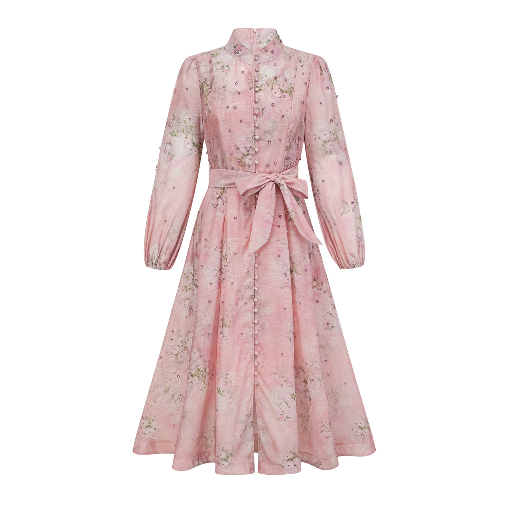 Elegant Narcisse Pink Embellished Floral Print Midi Dress for Women