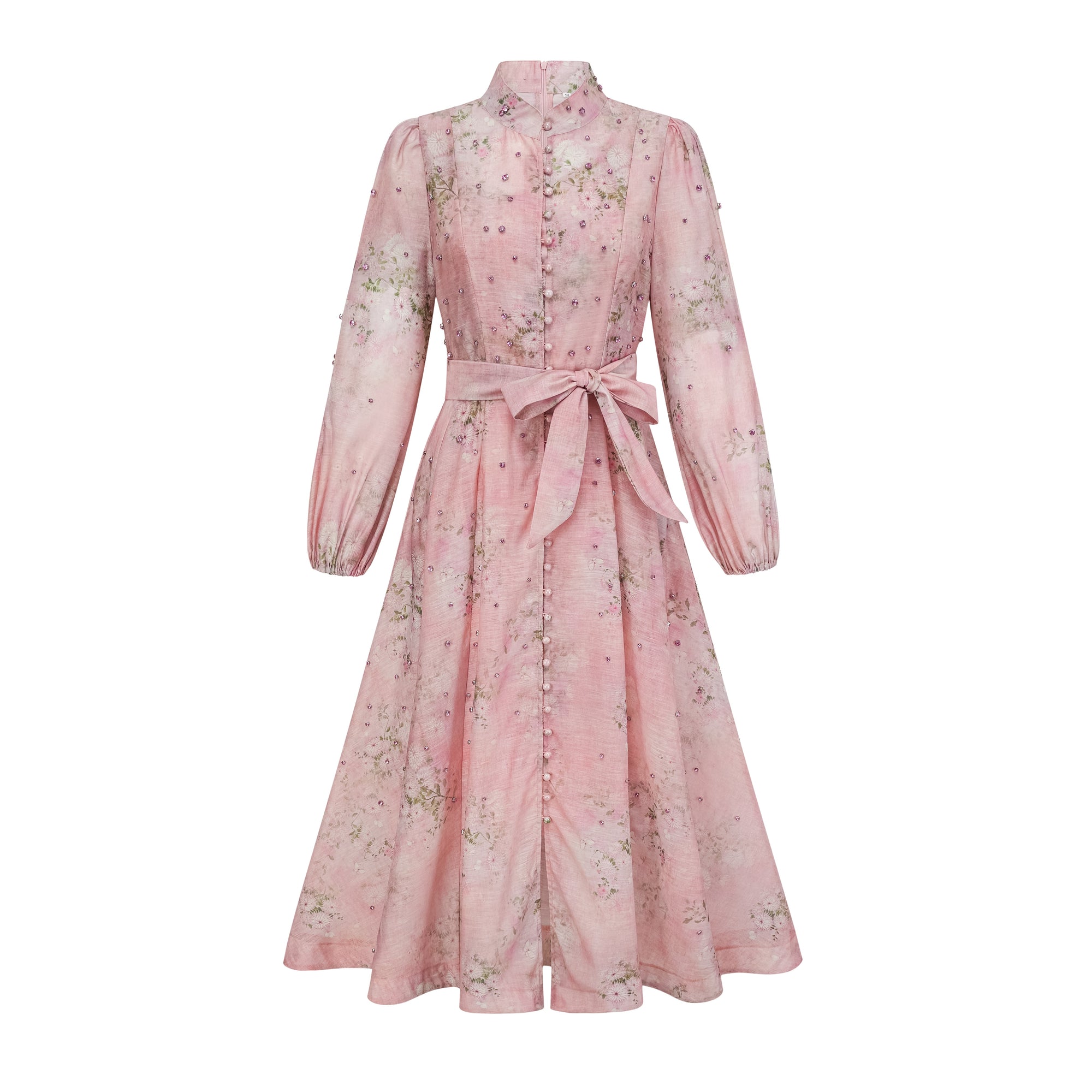Elegant Narcisse Pink Embellished Floral Print Midi Dress for Women