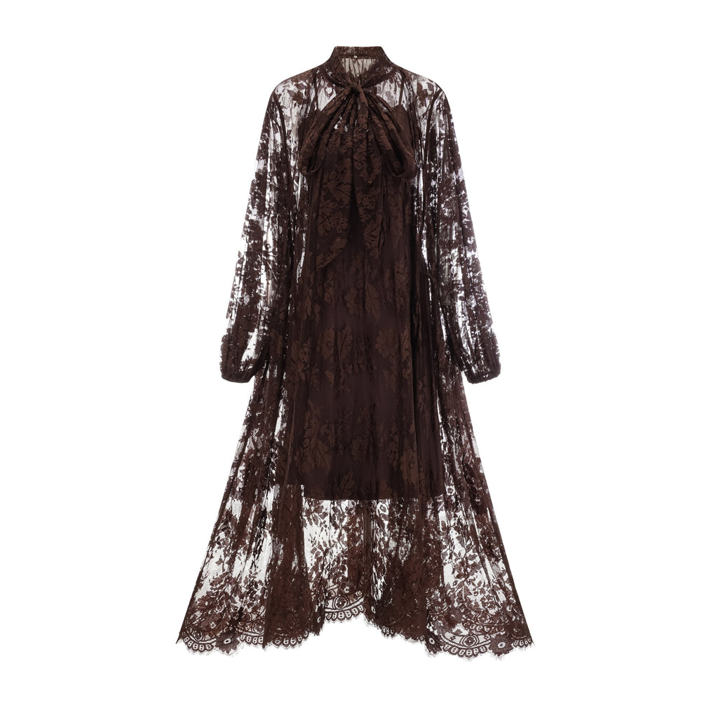 Elegant Sylvie Brown Chantilly Lace Flared Midi Dress - Timeless Feminine Style