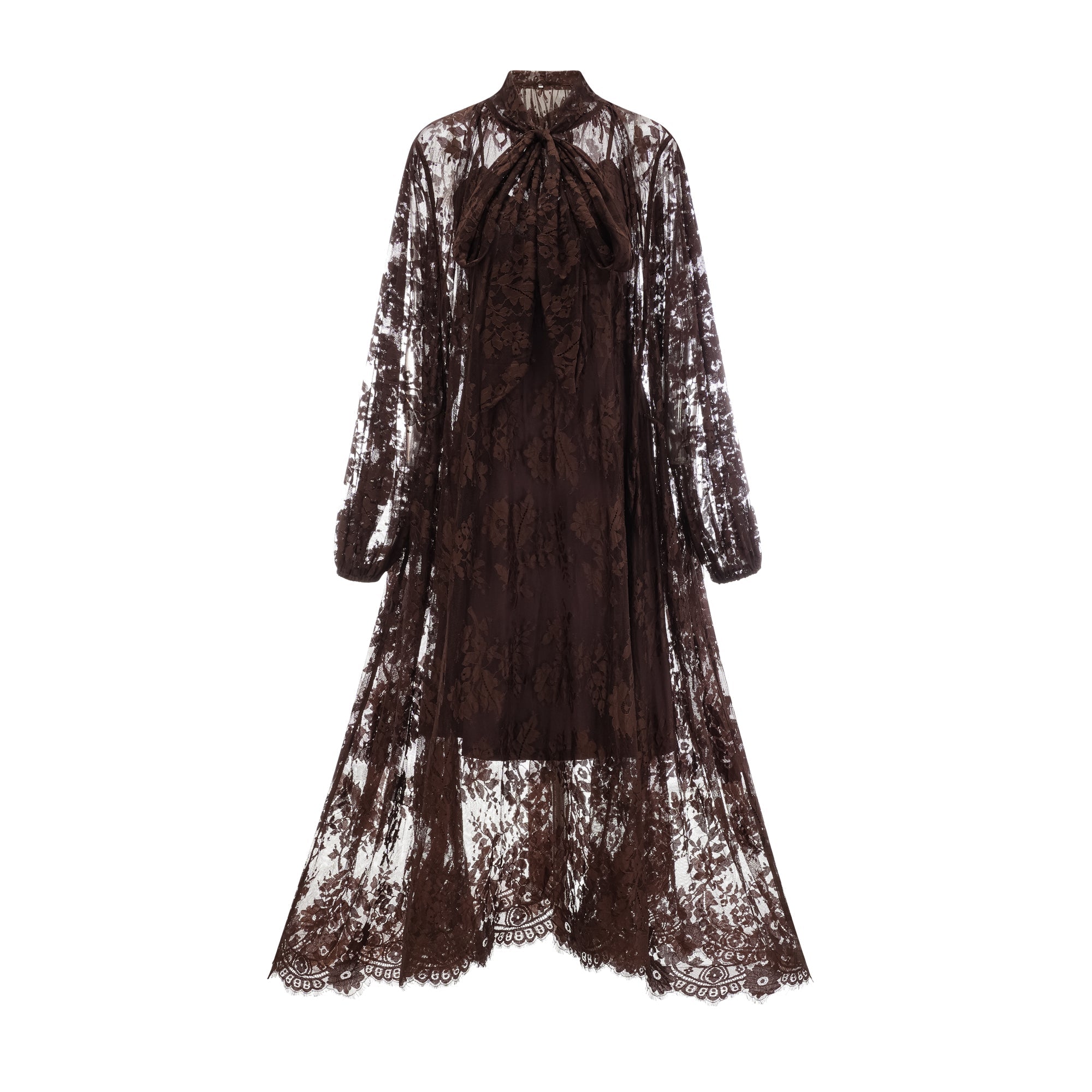 Elegant Sylvie Brown Chantilly Lace Flared Midi Dress - Timeless Feminine Style