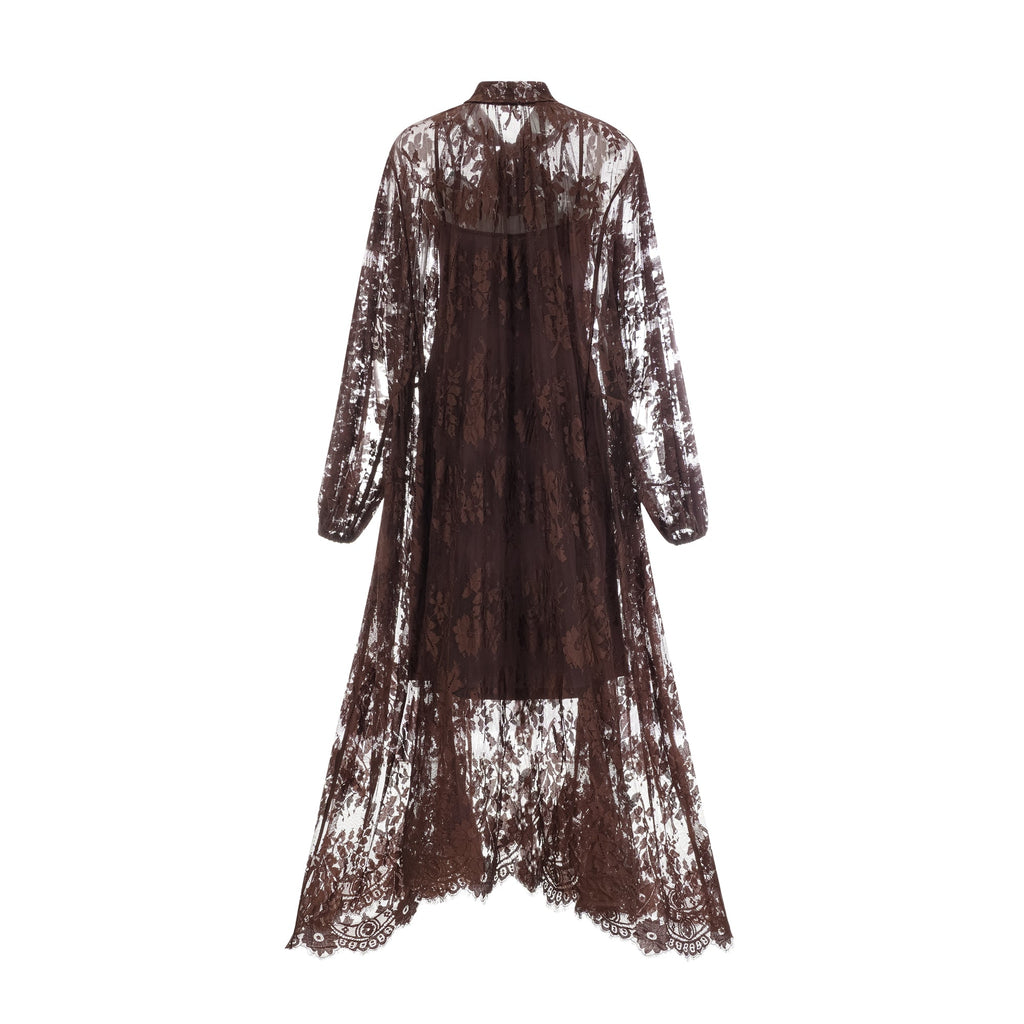 Elegant Sylvie Brown Chantilly Lace Flared Midi Dress - Timeless Feminine Style