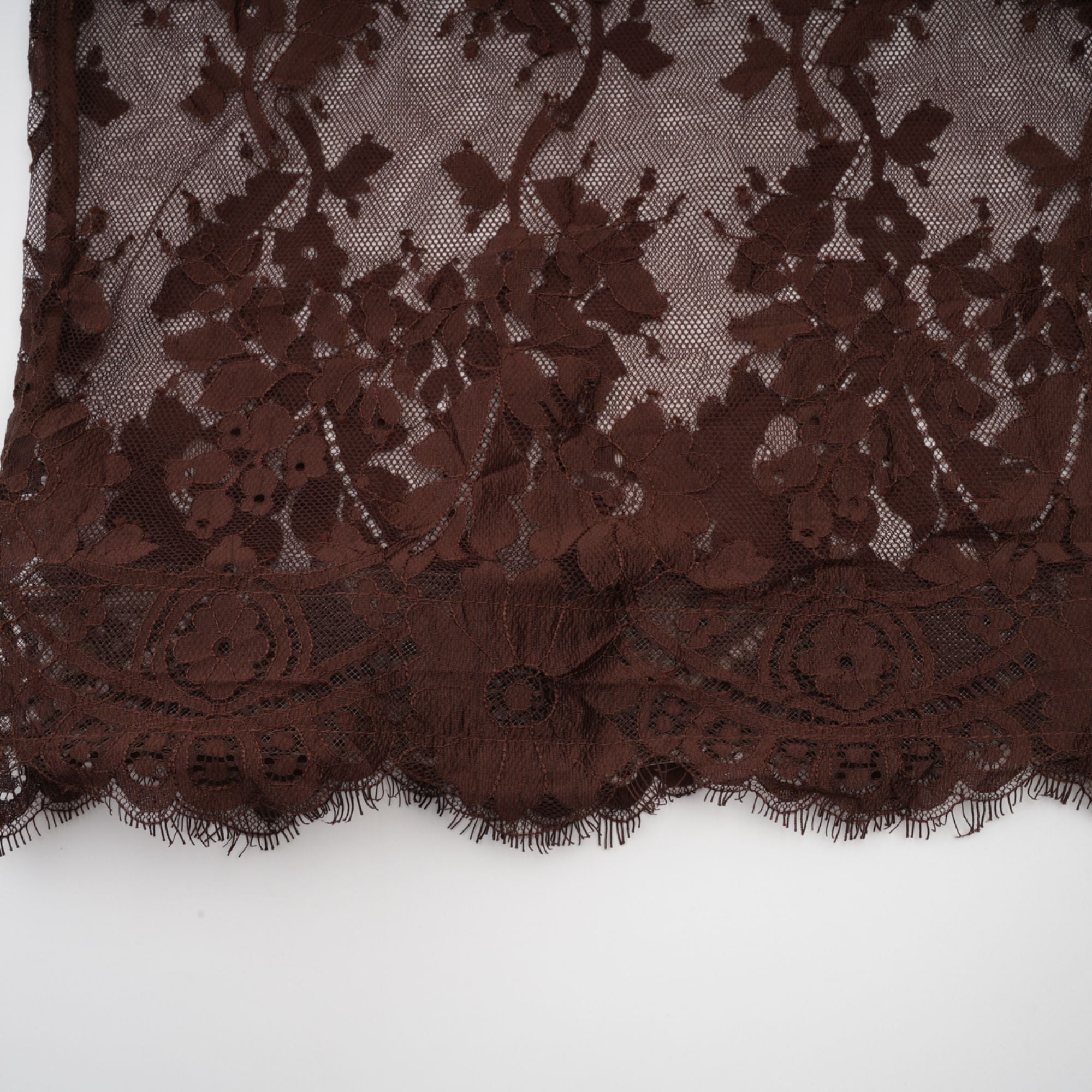 Elegant Sylvie Brown Chantilly Lace Flared Midi Dress - Timeless Feminine Style