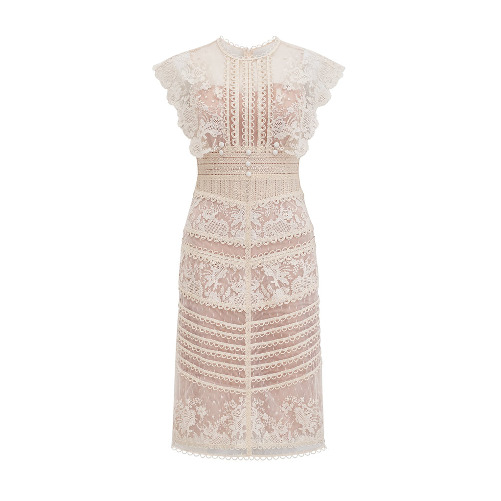 Fleur Floral Embroidered Lace Midi Dress Elegant Sheer Mesh Party Gown