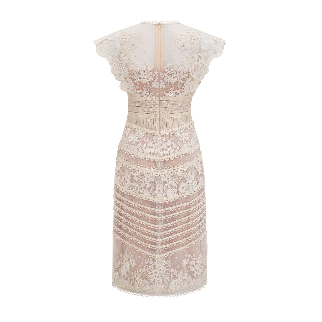 Fleur Floral Embroidered Lace Midi Dress Elegant Sheer Mesh Party Gown