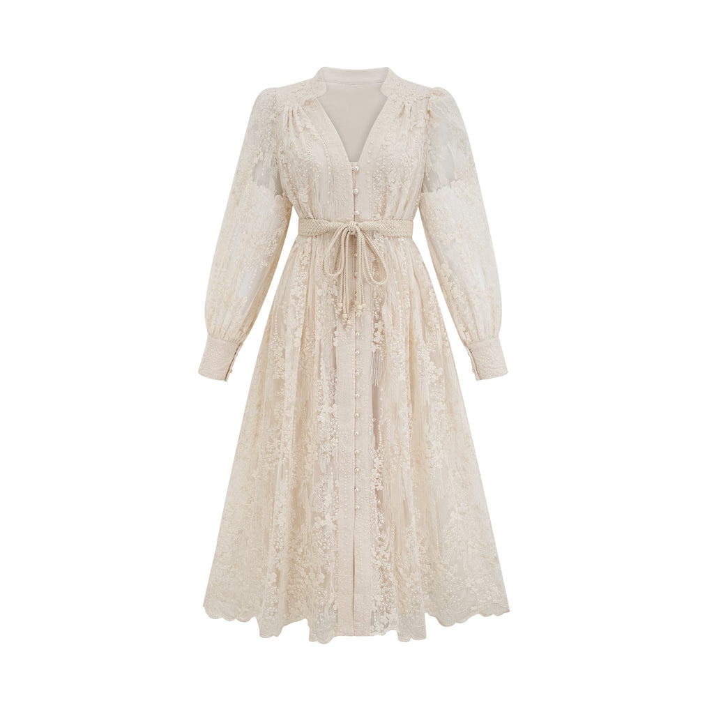 Elegant Neutral Lace Embroidery Midi Dress: Exquisite Design, Perfect Fit, Versatile Style