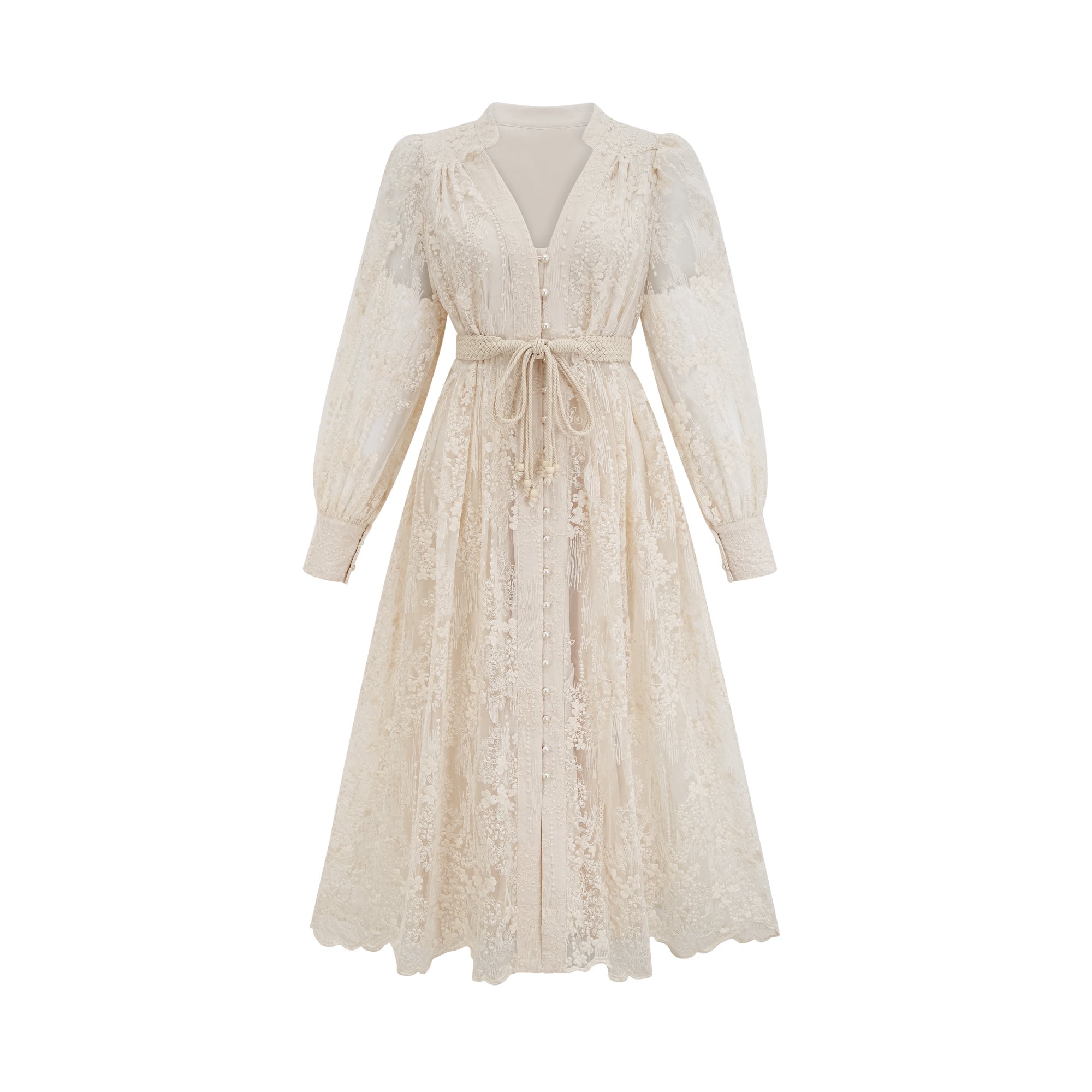 Elegant Neutral Lace Embroidery Midi Dress: Exquisite Design, Perfect Fit, Versatile Style