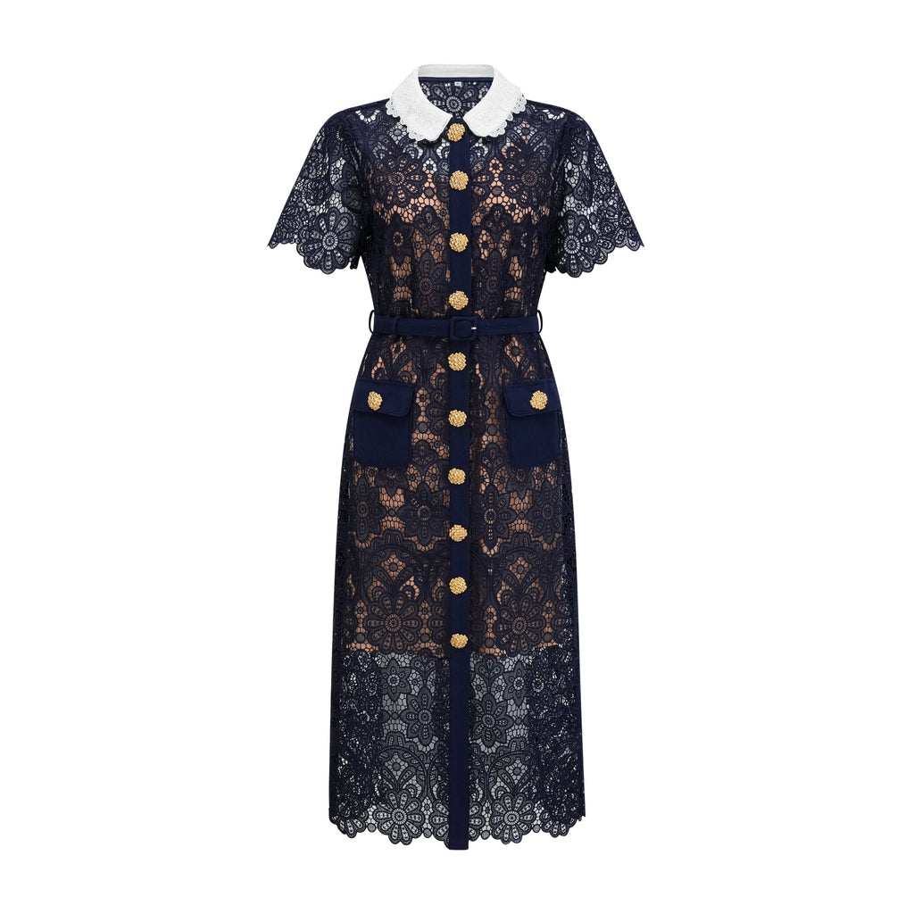 Ariane Dark Blue Floral Crochet Lace Midi Dress with Elegant Boho Style