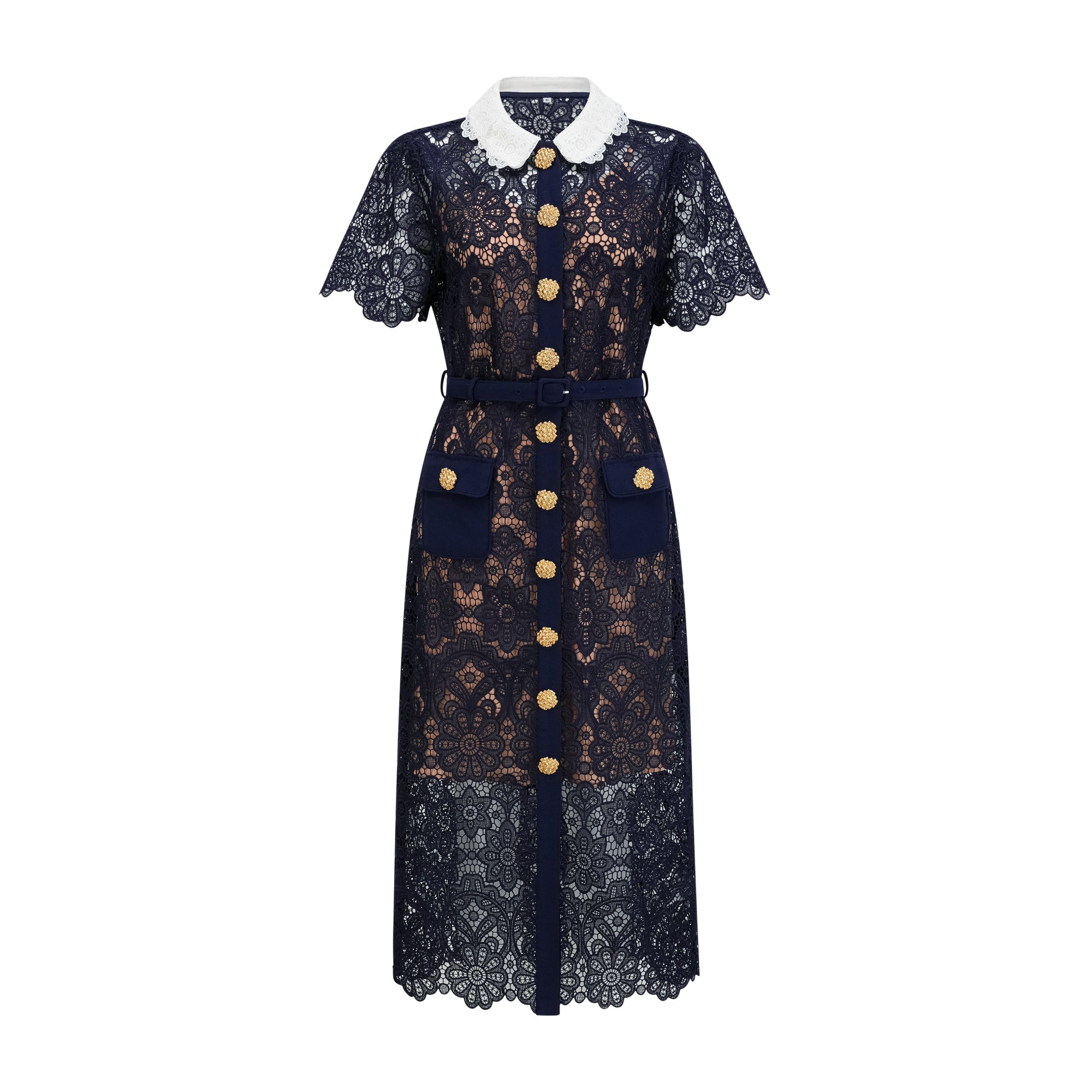 Ariane Dark Blue Floral Crochet Lace Midi Dress with Elegant Boho Style