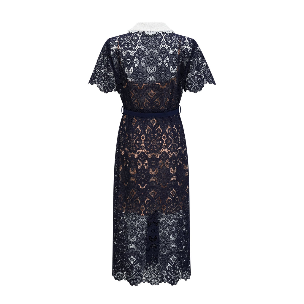 Ariane Dark Blue Floral Crochet Lace Midi Dress with Elegant Boho Style