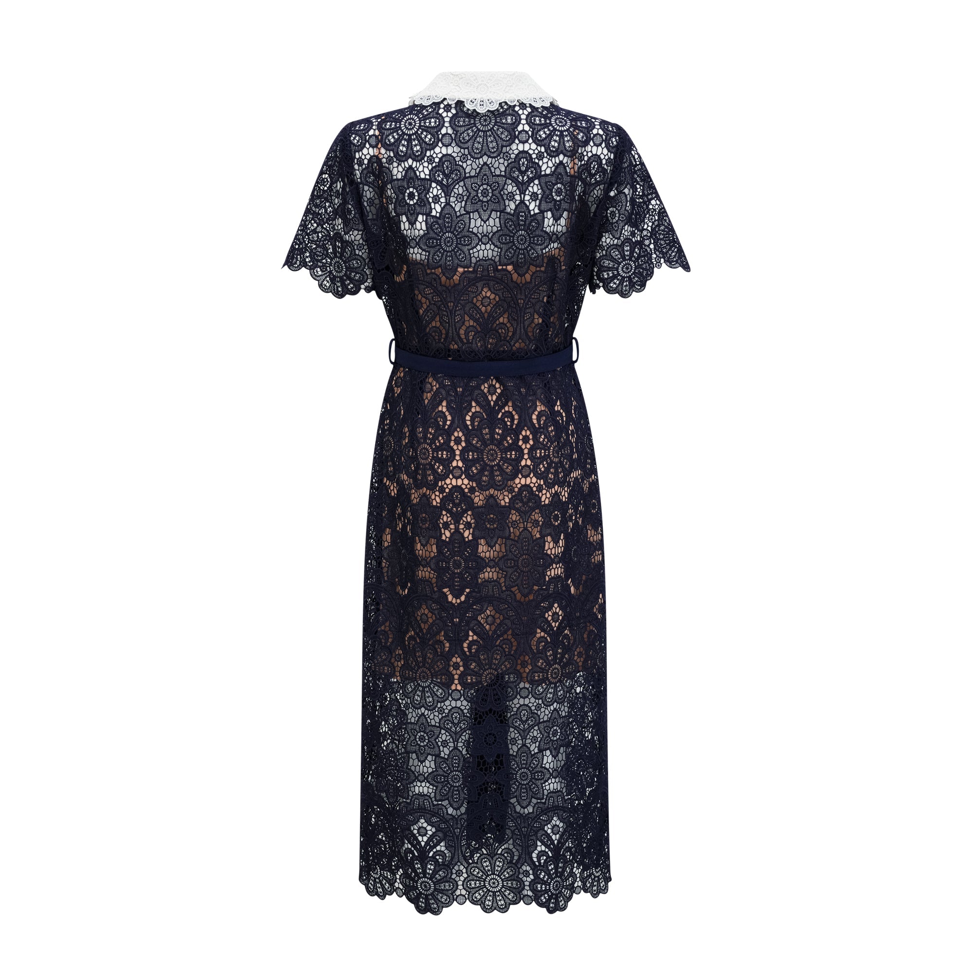 Ariane Dark Blue Floral Crochet Lace Midi Dress with Elegant Boho Style