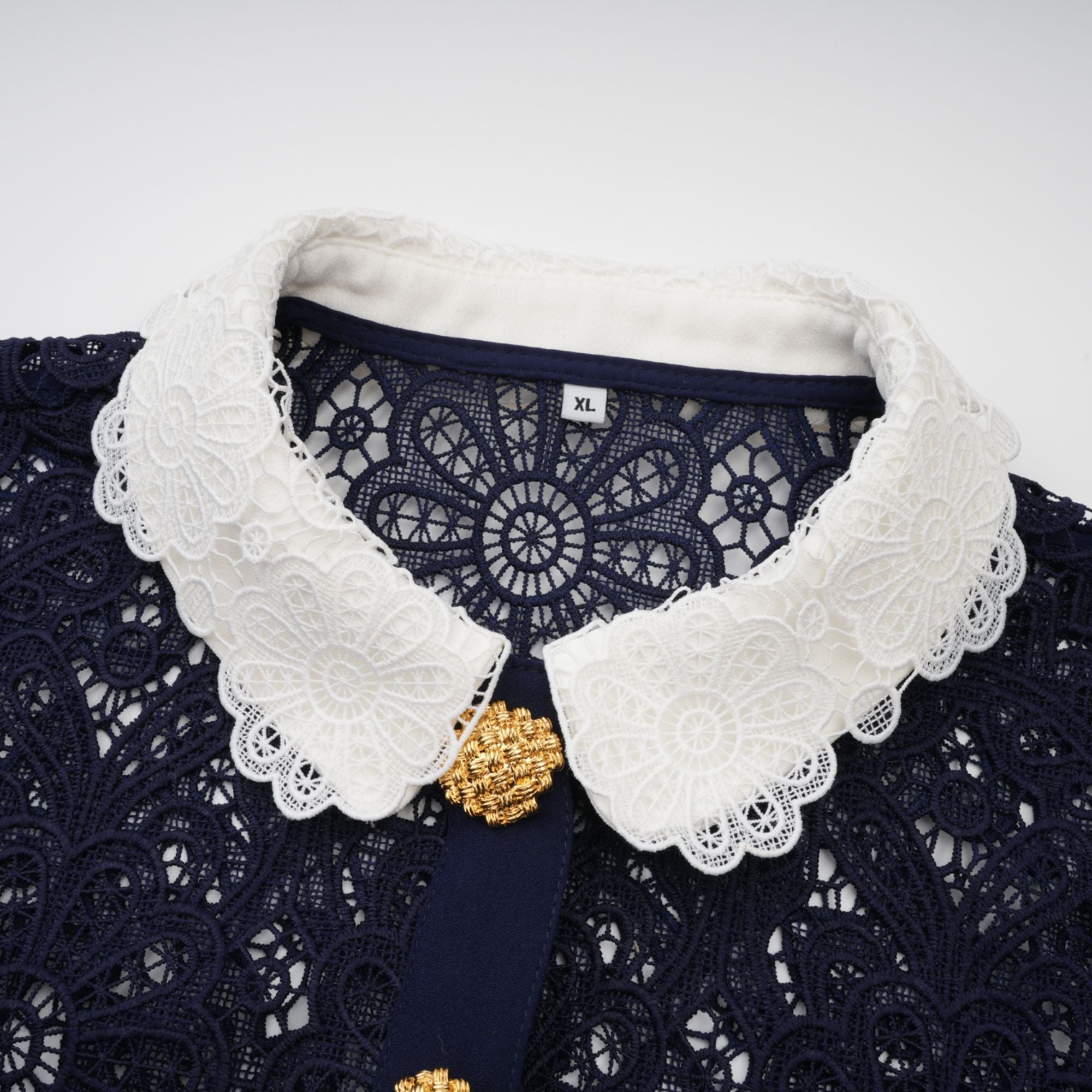 Ariane Dark Blue Floral Crochet Lace Midi Dress with Elegant Boho Style
