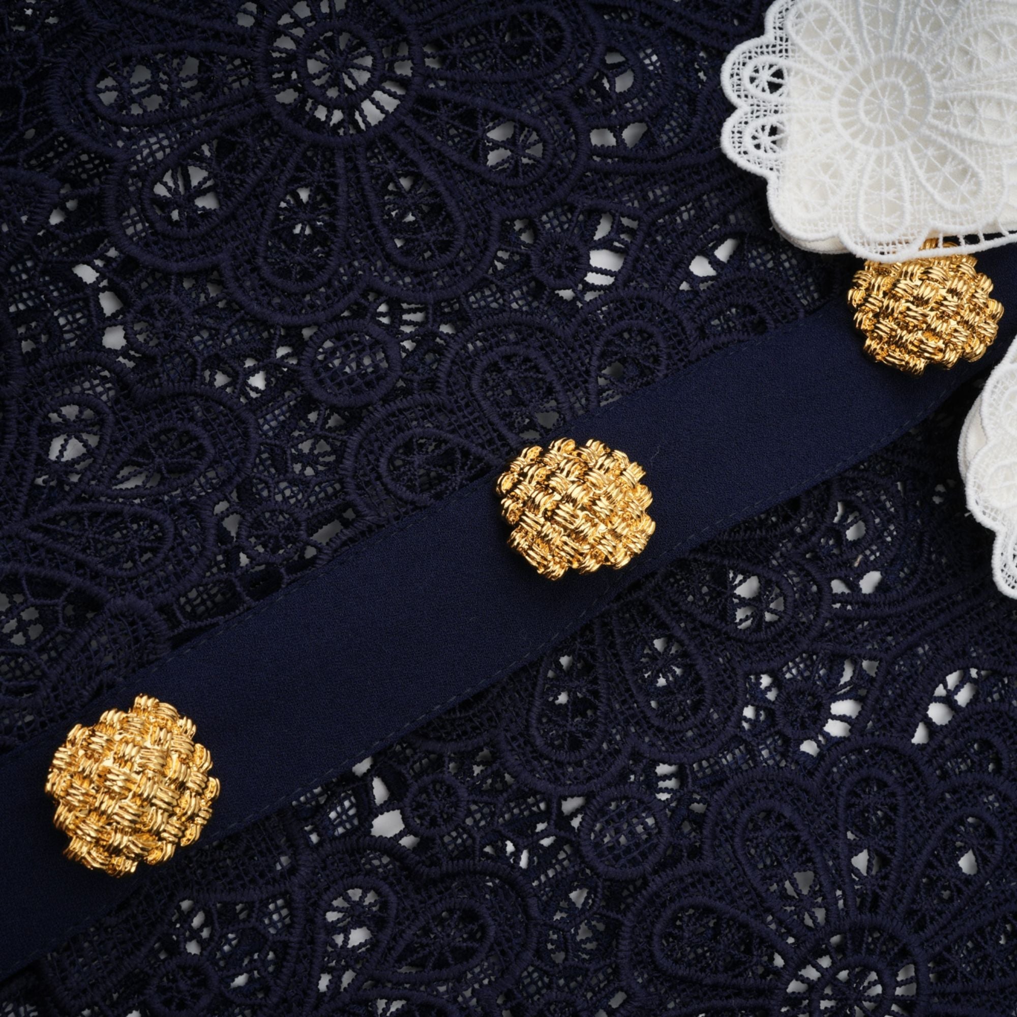 Ariane Dark Blue Floral Crochet Lace Midi Dress with Elegant Boho Style