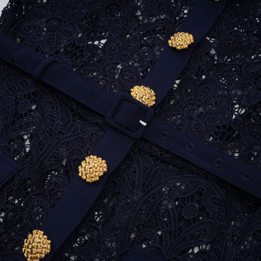 Ariane Dark Blue Floral Crochet Lace Midi Dress with Elegant Boho Style