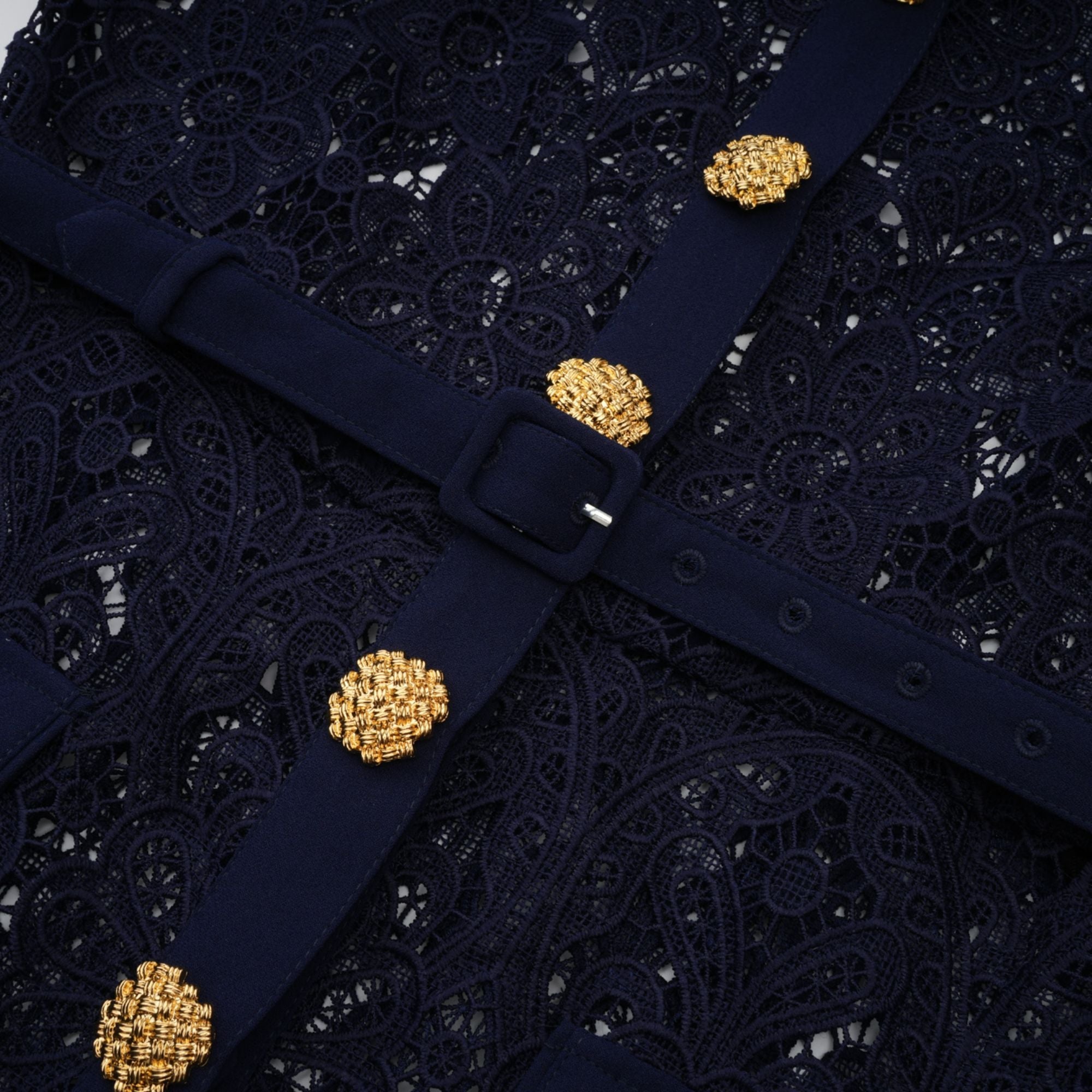 Ariane Dark Blue Floral Crochet Lace Midi Dress with Elegant Boho Style