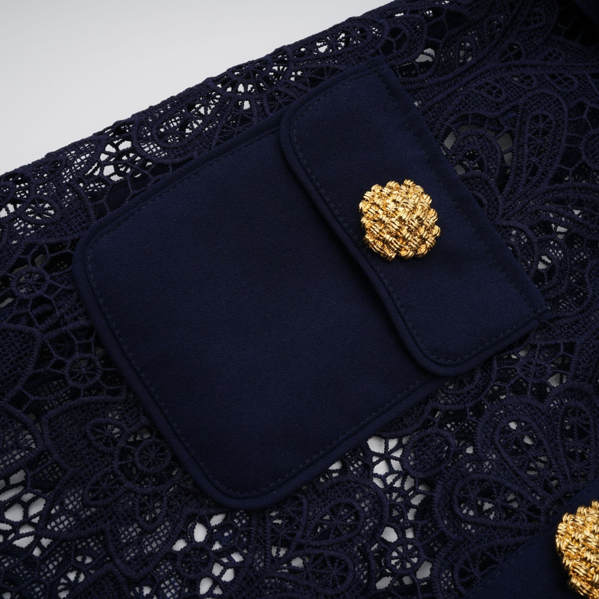 Ariane Dark Blue Floral Crochet Lace Midi Dress with Elegant Boho Style