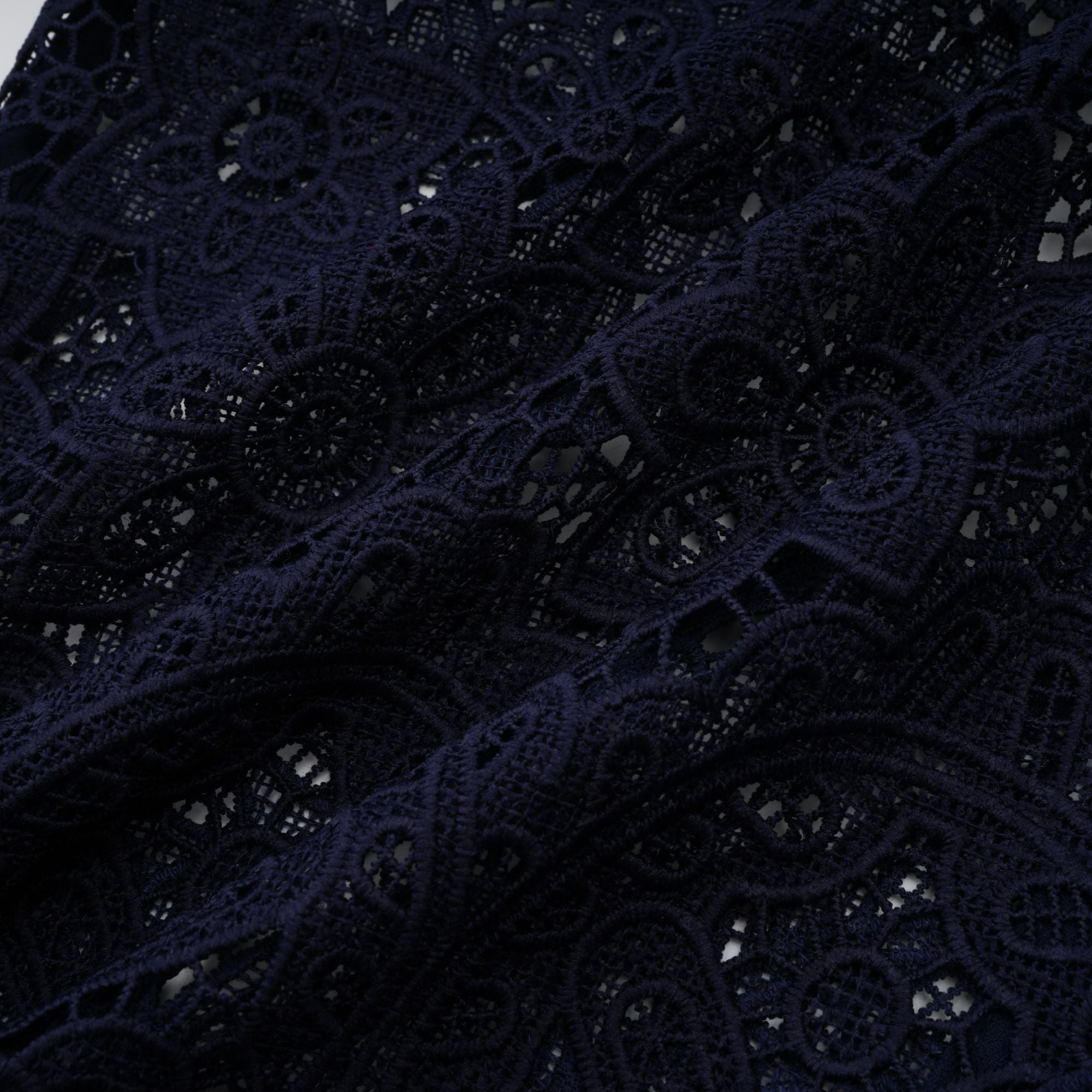 Ariane Dark Blue Floral Crochet Lace Midi Dress with Elegant Boho Style