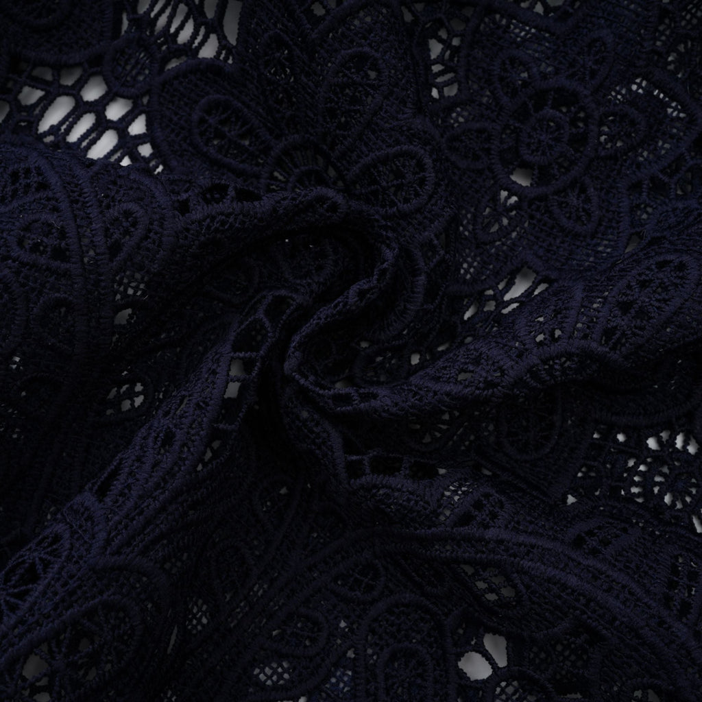 Ariane Dark Blue Floral Crochet Lace Midi Dress with Elegant Boho Style