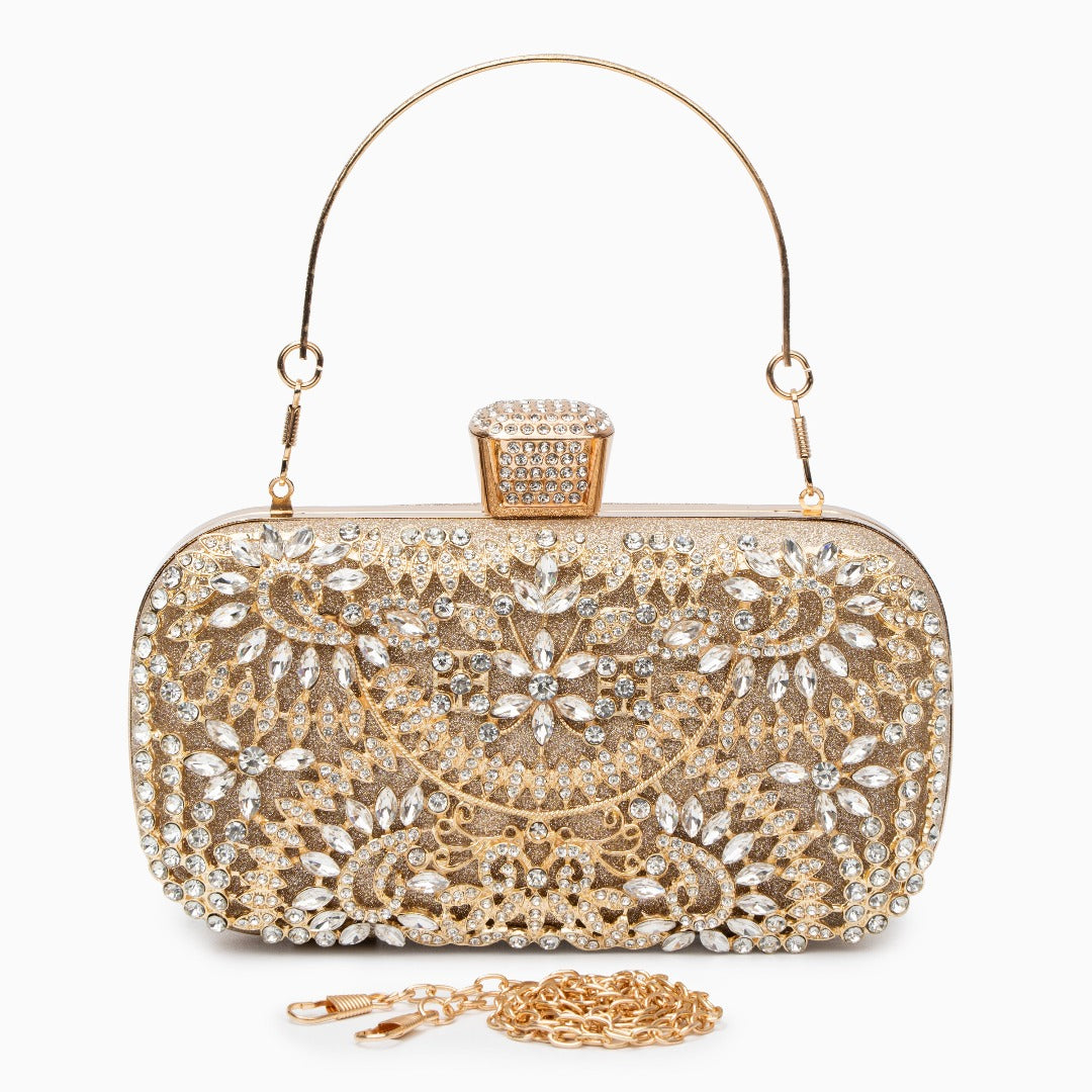 Elegant Gold Metallic Flower Clutch with Rhinestone Detailing