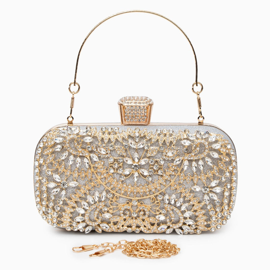 Elegant Gold Metallic Flower Clutch with Rhinestone Detailing