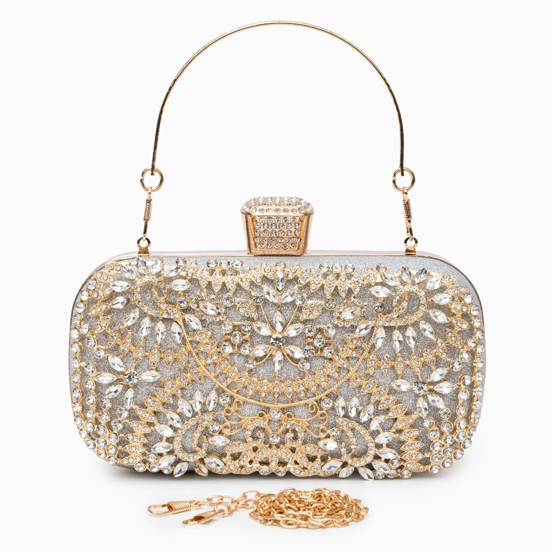 Elegant Gold Metallic Flower Clutch with Rhinestone Detailing