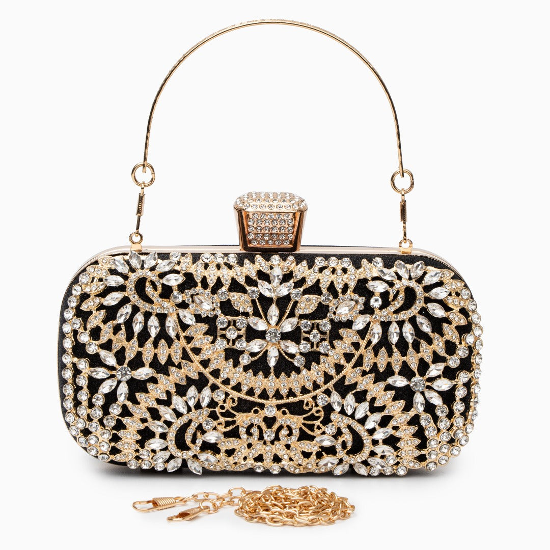 Elegant Gold Metallic Flower Clutch with Rhinestone Detailing