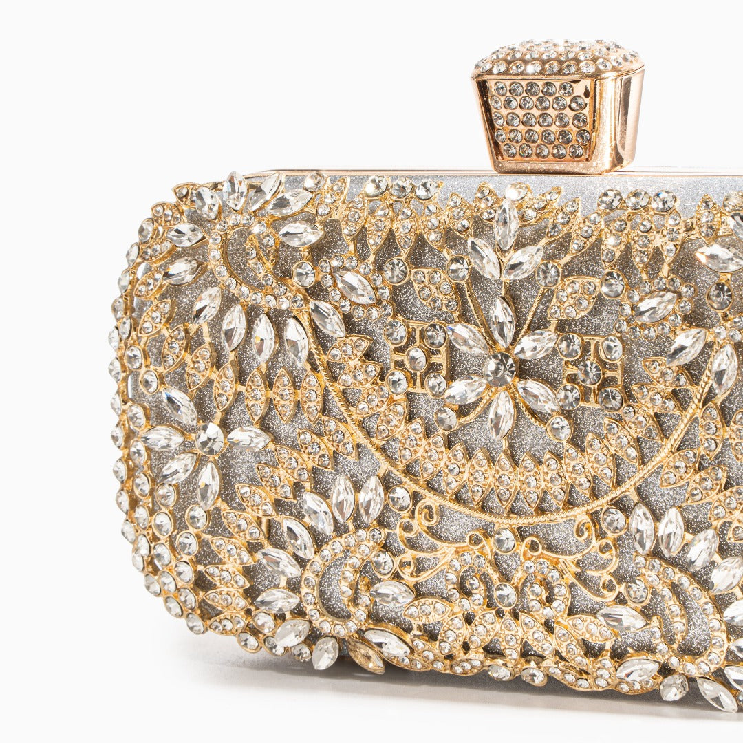 Elegant Gold Metallic Flower Clutch with Rhinestone Detailing