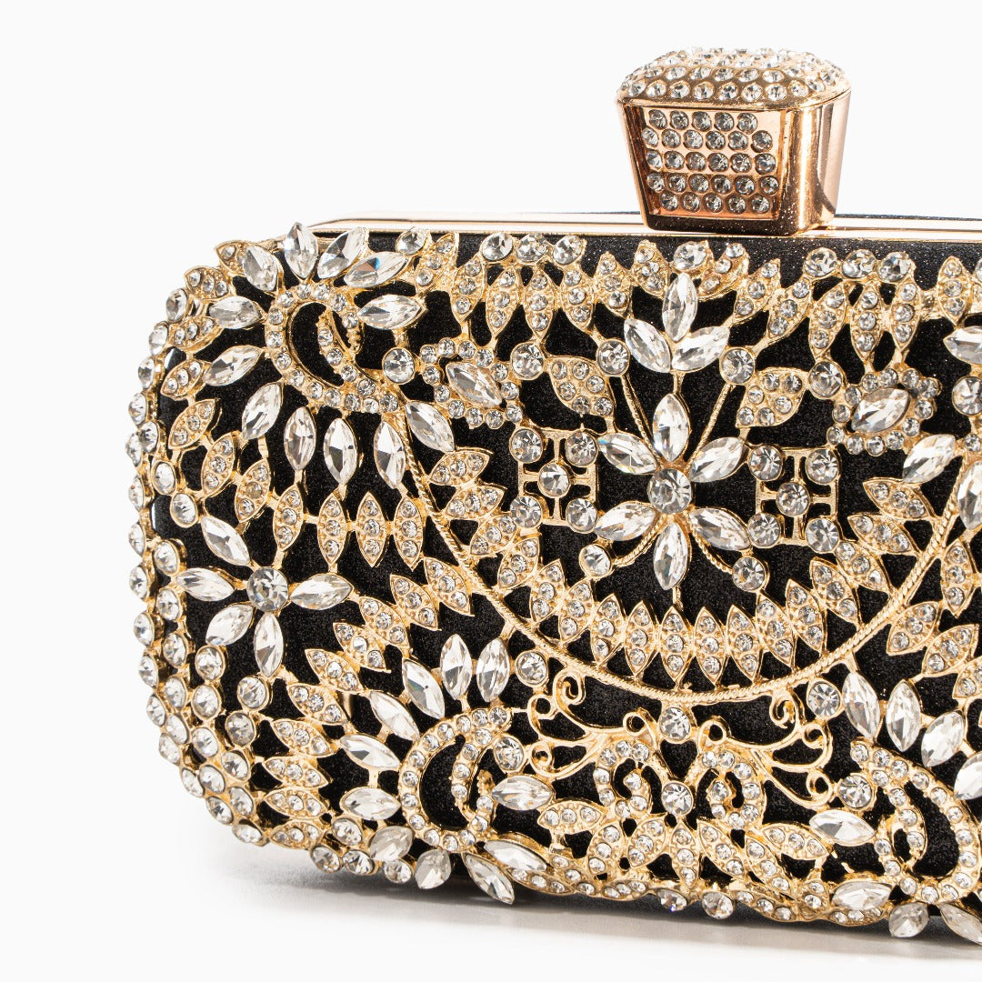 Elegant Gold Metallic Flower Clutch with Rhinestone Detailing